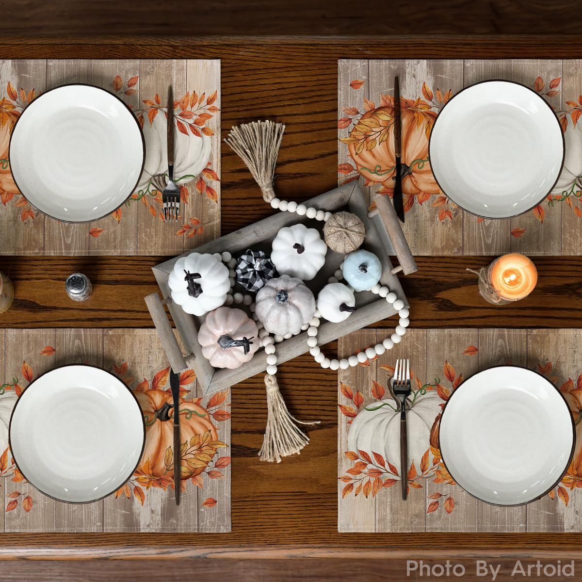 Artoid Mode Herbst Platzsets 6er Set - Blätter & Kürbisse Deko 30x45cm Waschbar