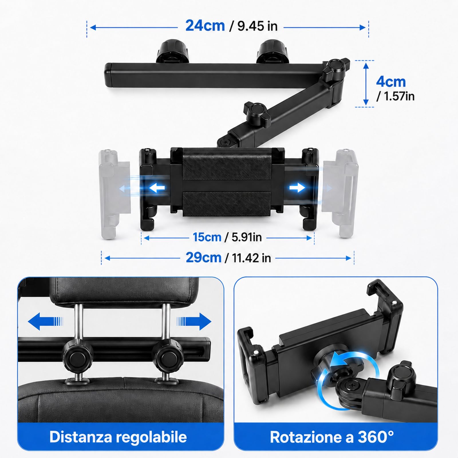 Supporto Per Tablet Auto Da Poggiatesta – Regolabile, Estensibile Fino A 27 Cm, Rotazione 360°, Per Dispositivi 4.7-13 Pollici