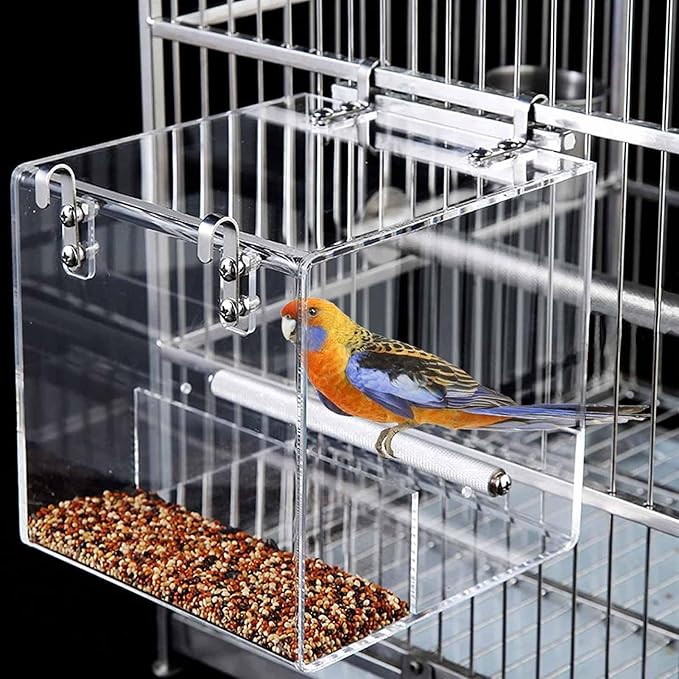 No Mess Bird Feeder for Cage, Automatic Acrylic Bird Feeder Seed Catcher Tray Cage with Stainless Steel Hooks for Small Parrots Canary Parakeet Budgerigar Crested Cockatiel Lovebird (Small)