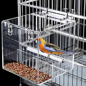 No Mess Bird Feeder for Cage, Automatic Acrylic Bird Feeder Seed Catcher Tray Cage with Stainless Steel Hooks for Small Parrots Canary Parakeet Budgerigar Crested Cockatiel Lovebird (Small)