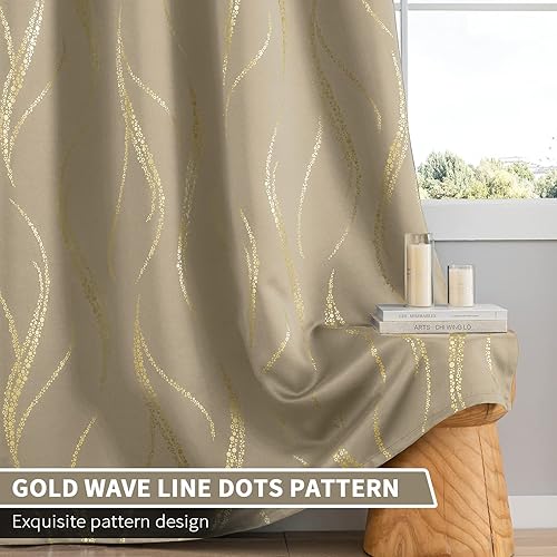 Miniatura 6 de Yakamok Cortinas con bloqueo de luz de 84 pulgadas, estampado de líneas onduladas doradas con ojales, cortinas de oscurecimiento de habitación,