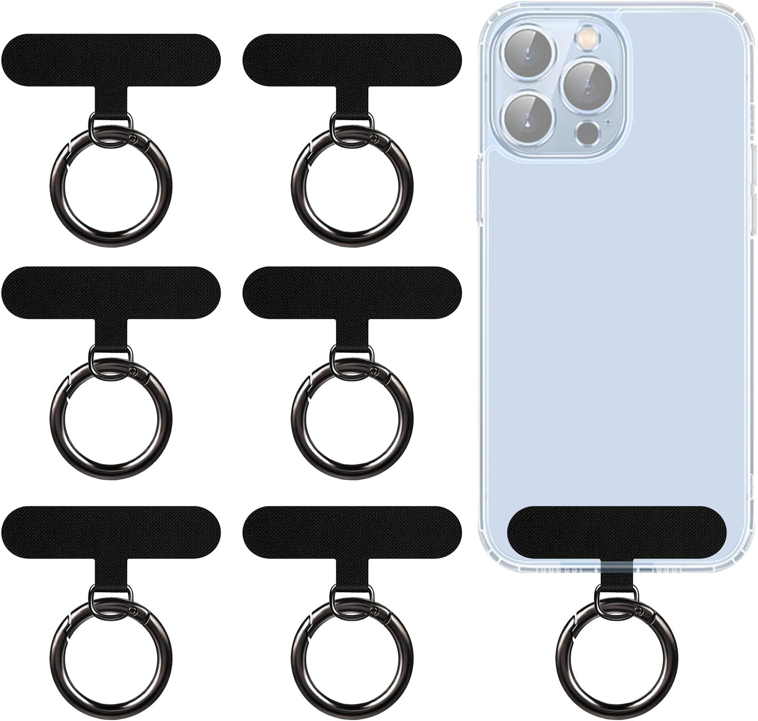 Universal Phone Tether Tab, 6 PCS Cell Phone Lanyard Tether with Metal Finger Spring Rings, Phone Strap Patch Replacement Part for All Full Phone Cases (Black)
