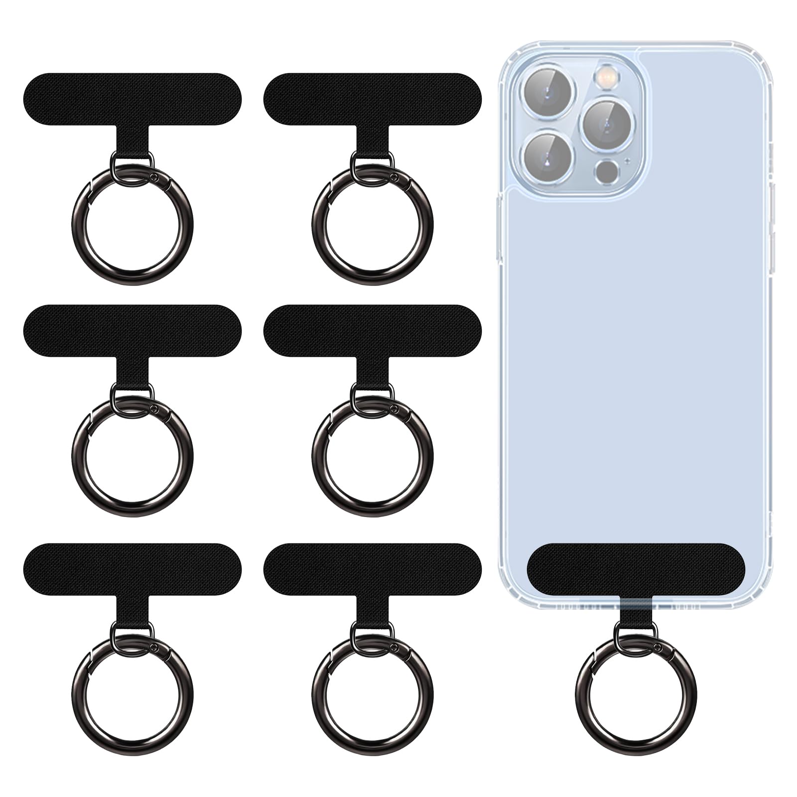 Universal Phone Tether Tab, 6 PCS Cell Phone Lanyard Tether with Metal Finger Spring Rings, Phone Strap Patch Replacement Part for All Full Phone Cases (Black)