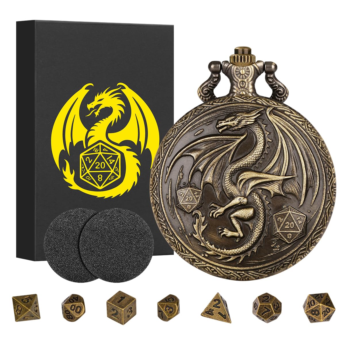 Mini DND Dice Set including Steampunk Winged Flying Dragon Pocket Watch Shell Case, 7pcs Polyhedral Metal Dice Set