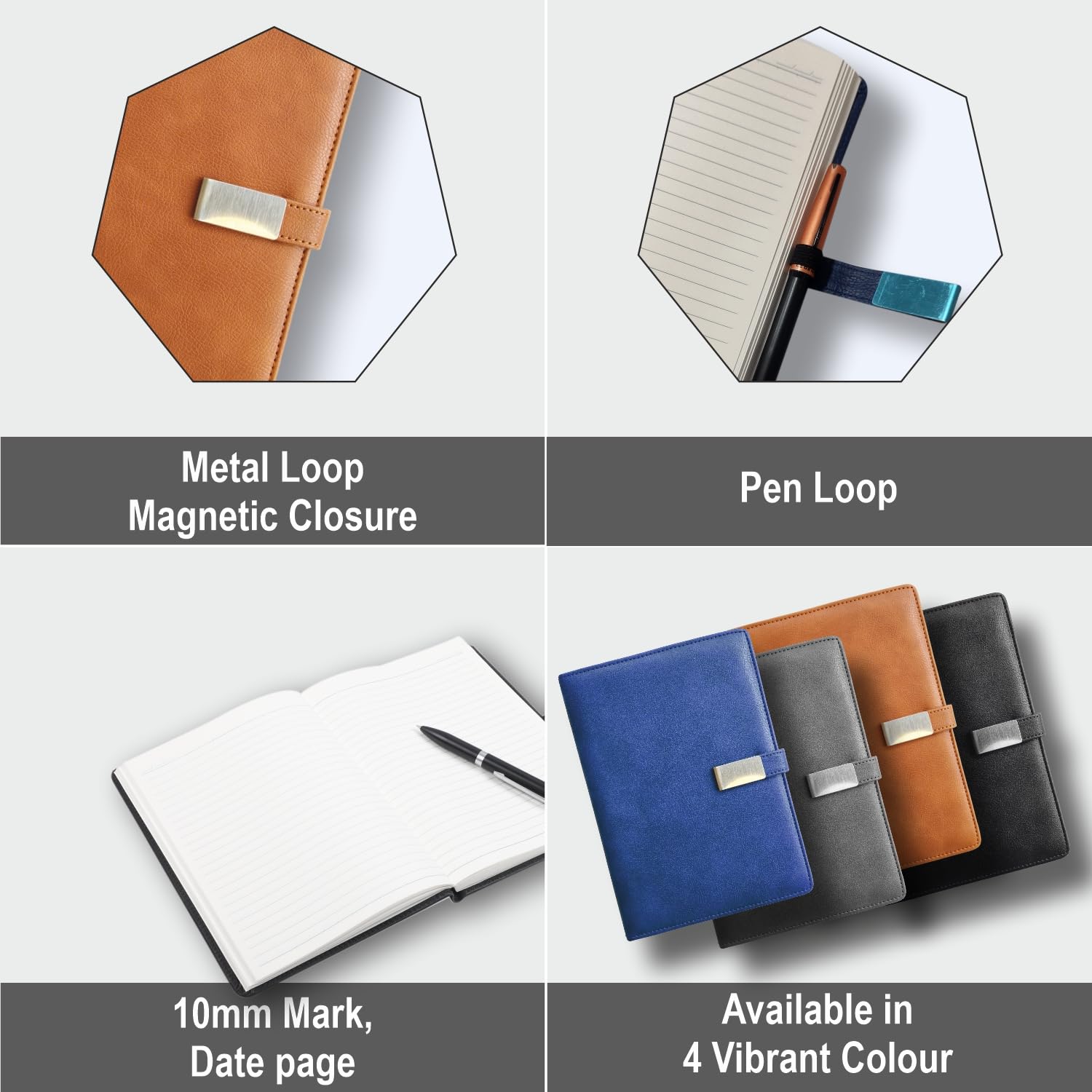 Anupam Diario a righe con charm, 192 pagine, formato A5, copertina rigida, in pelle, con chiusura magnetica in metallo, con passante per penna, 80 g/m², per prendere appunti e scrivere a scuola e in