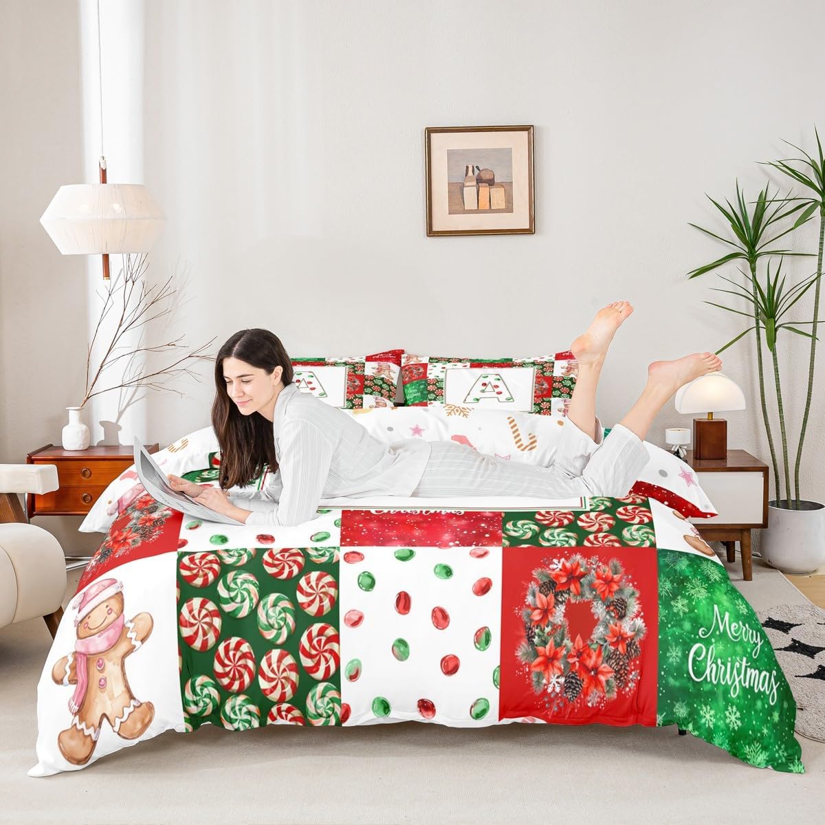 Initial Letter A Print Duvet Cover Set Toddler Size,Christmas Candy Wreath Grid Reversible Quilt Cover for Kids Boys Girls Cute Cookie Dots Red Green Bedding Set with 1 Pillowcase,No Comforter