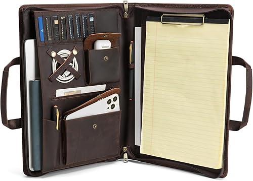 Geslun Cartera de cuero genuino con asa y portapapeles, bloc legal (8.5 x 14 pulgadas), portafolio de cuero de grano completo con cremallera, 8