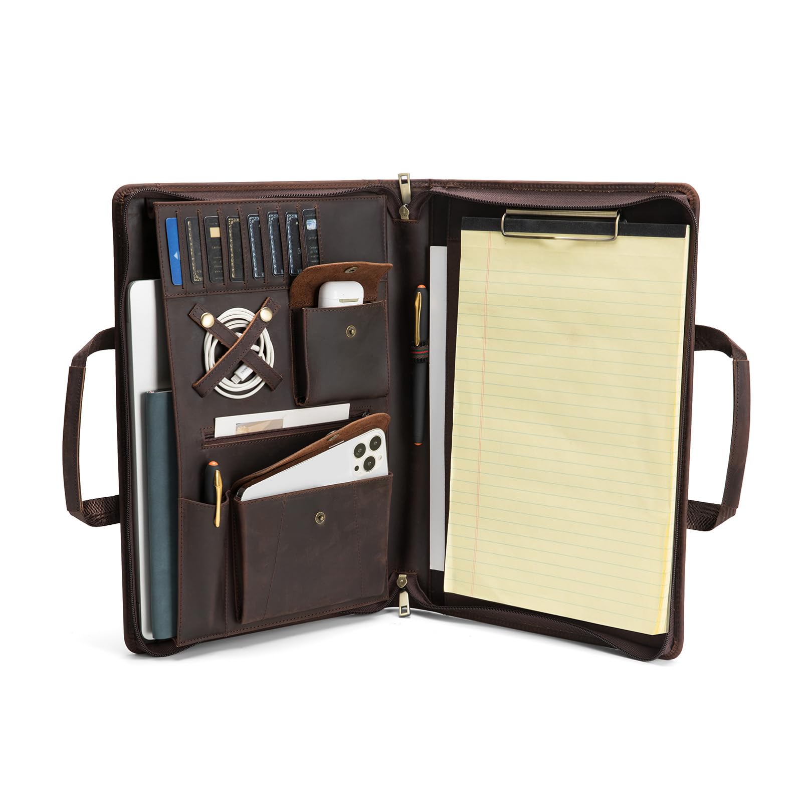 Portafolio de cuero genuino con asa y portapapeles, bloc legal (8.5 x 14 pulgadas), portadocumentos de cuero de grano completo con cremallera, 8 ranuras para tarjetas, organizador de negocios,