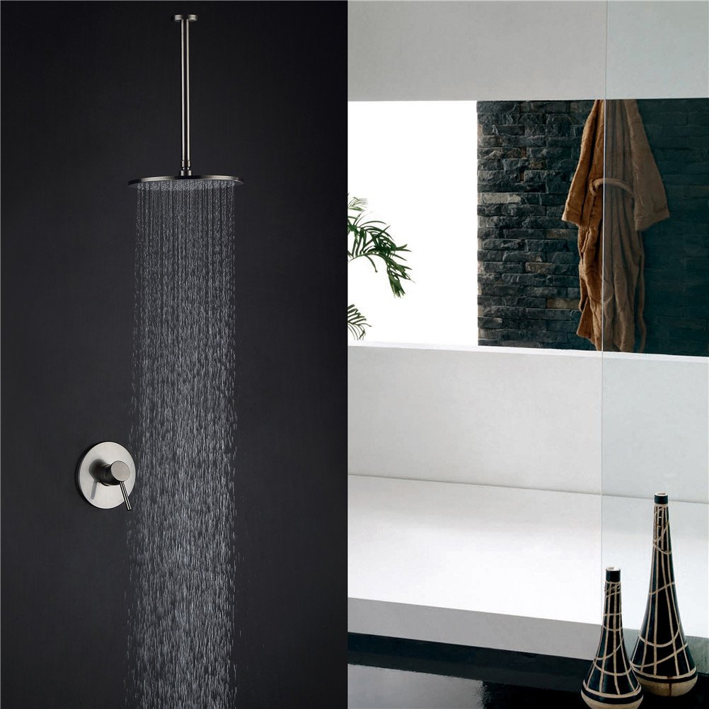 NGDFGR Antique Shower Waterfall Brushed Nickel Shower Faucet Set Ceiling Mounted 10 In Top Spray Ceramic Valve Bathroom Shower Faucet, A,A
