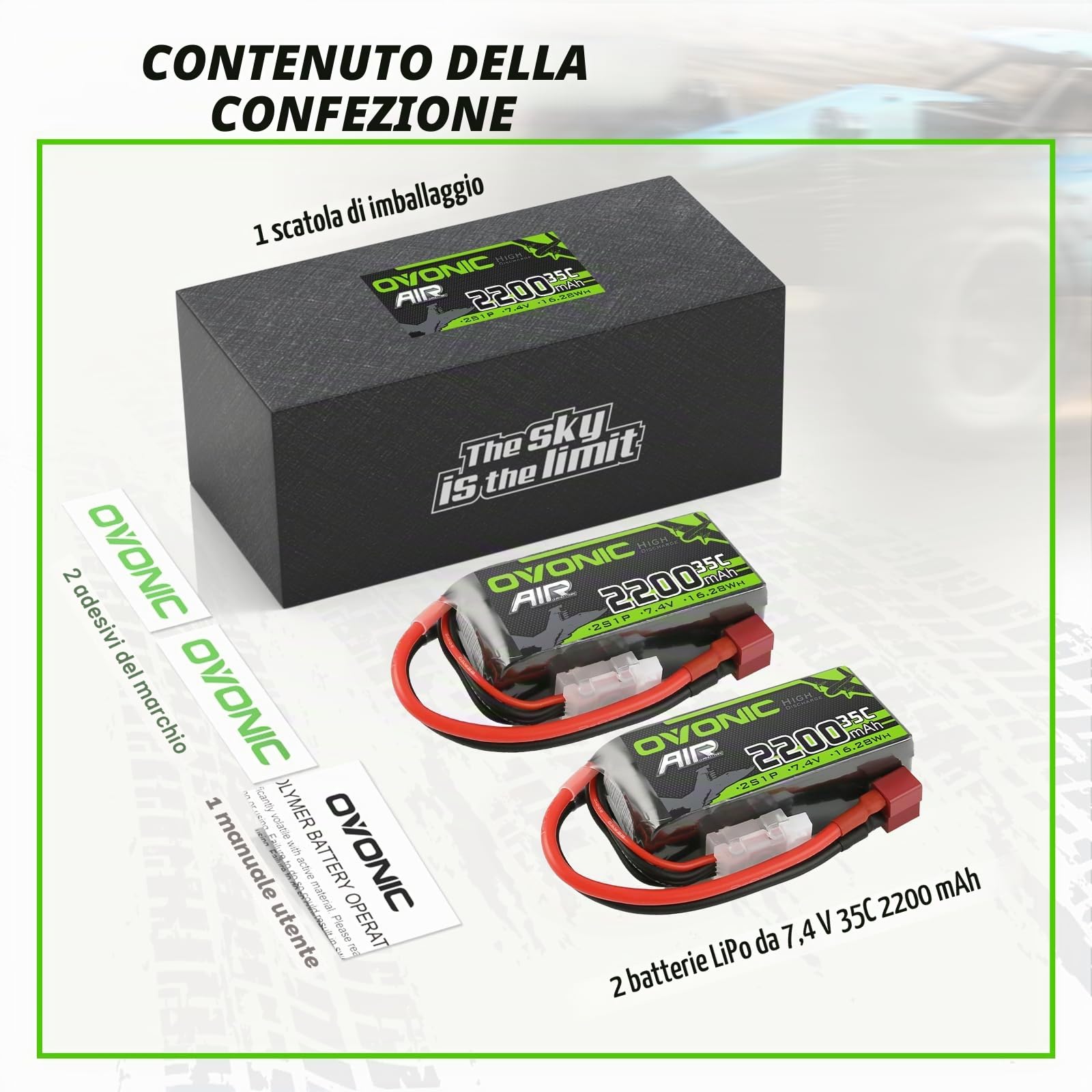 OVONIC Batteria Lipo 2s 35C 2200mAh 7.4V Batteria Pacchetto Corto con Decani per RC Heli Aereo Quadcopter Auto Barca Camion Elicottero Multi-Motore Fai da Te Hobby (2 pezzi)