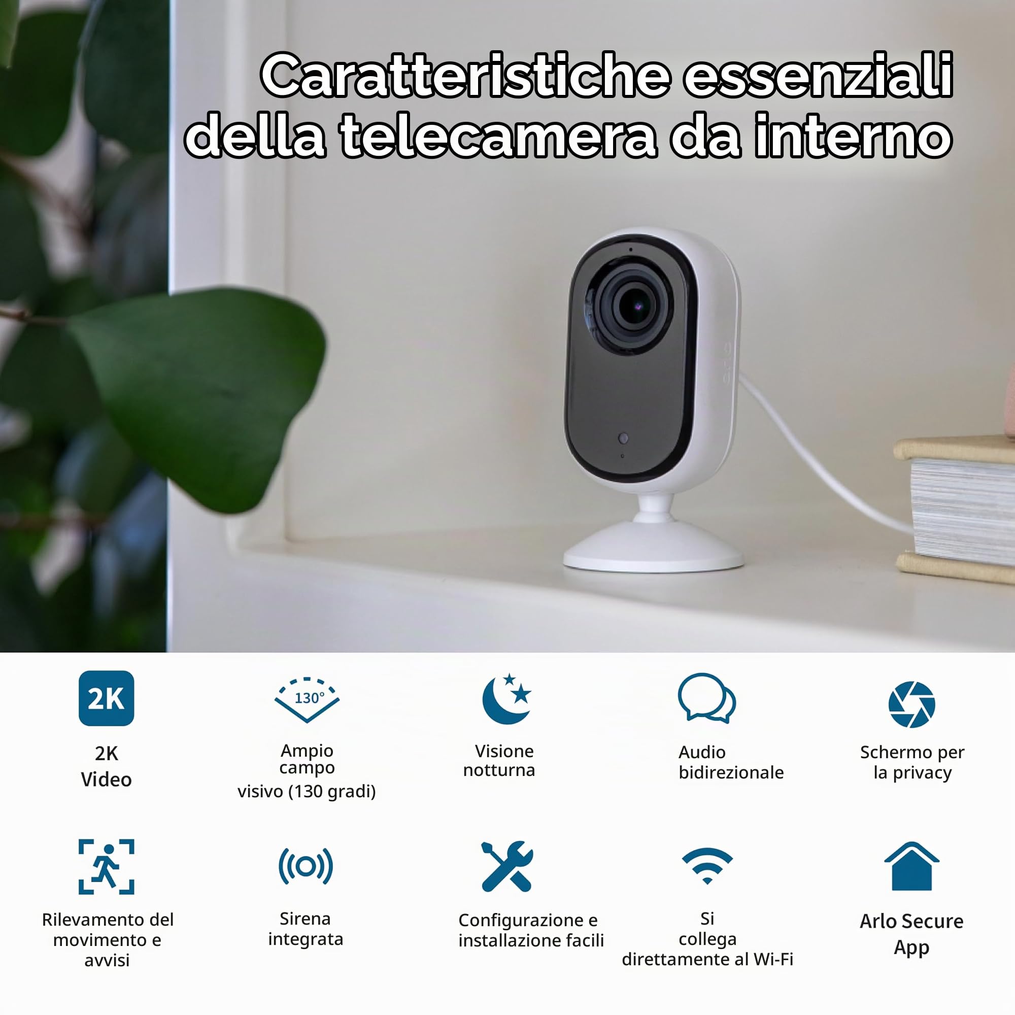 Arlo Essential Security Camera 2K | Indoor Only| 2nd Gen | Baby Monitor & Pet Camera | Wired Automated Privacy Shield, 2-Way Audio, Night Vision, Live Stream, Motion Alerts & Notifications White,1 Cam