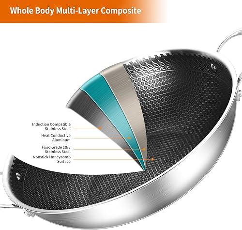Miniatura 2 de DELARLO Wok Pan de 12 pulgadas con tapa, acero inoxidable de tres capas, antiadherente, apto para horno hasta 600F, capacidad de 5 cuartos de galón,