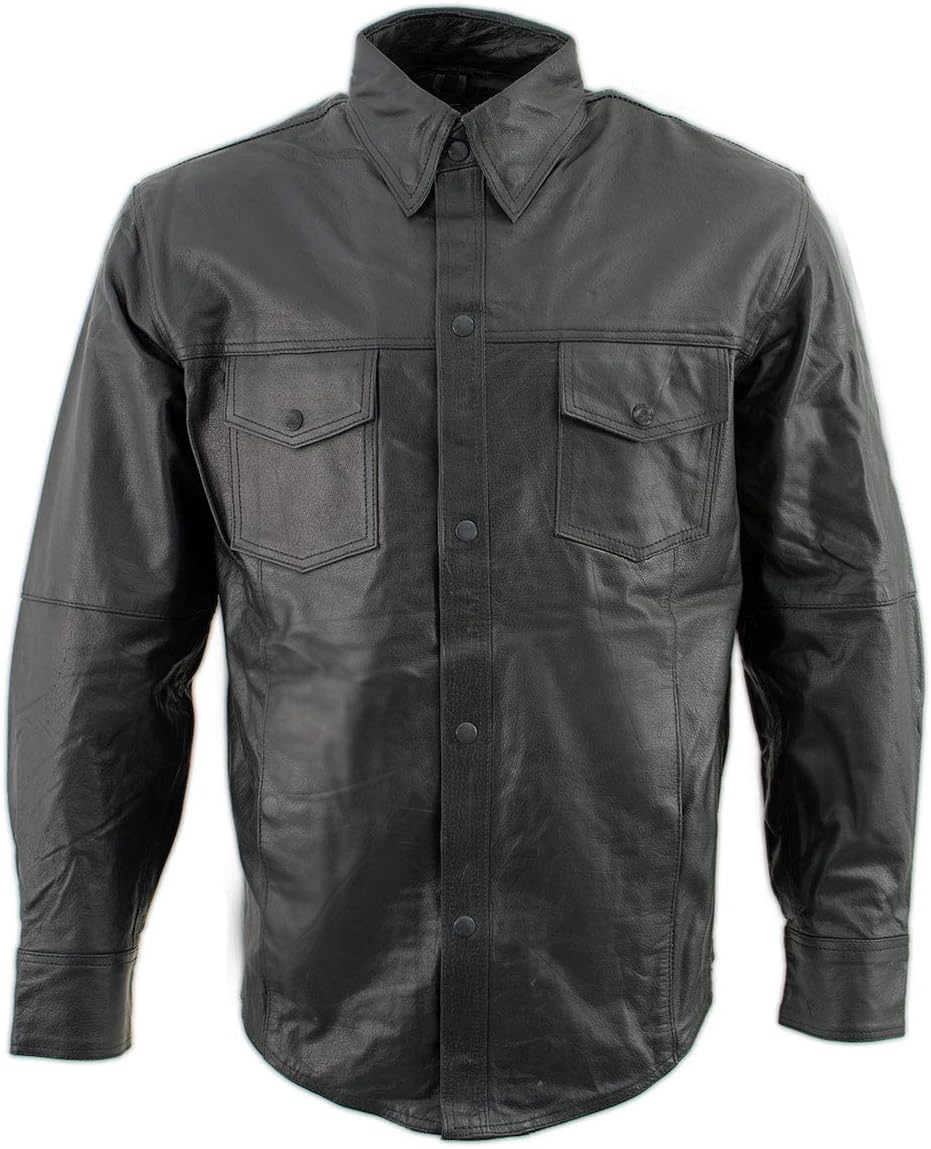Men's Lambskin Leather Shirt w/Snapdown Collar & Gun Pockets