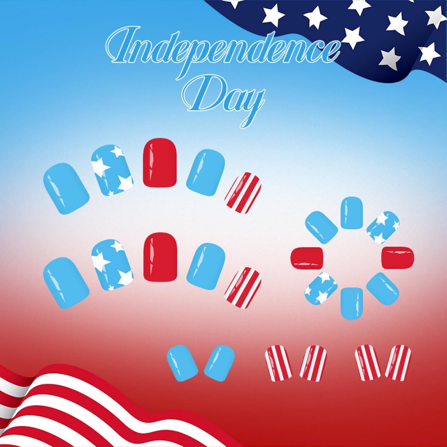 Independence Day Short Square Press on Nails Blue Red Patriotic Fake Nails with White Star Stripe Design Nude Glossy Full Cover Reusable Artificial False Nails for Women 4th of July DIY Manicure 24Pcs