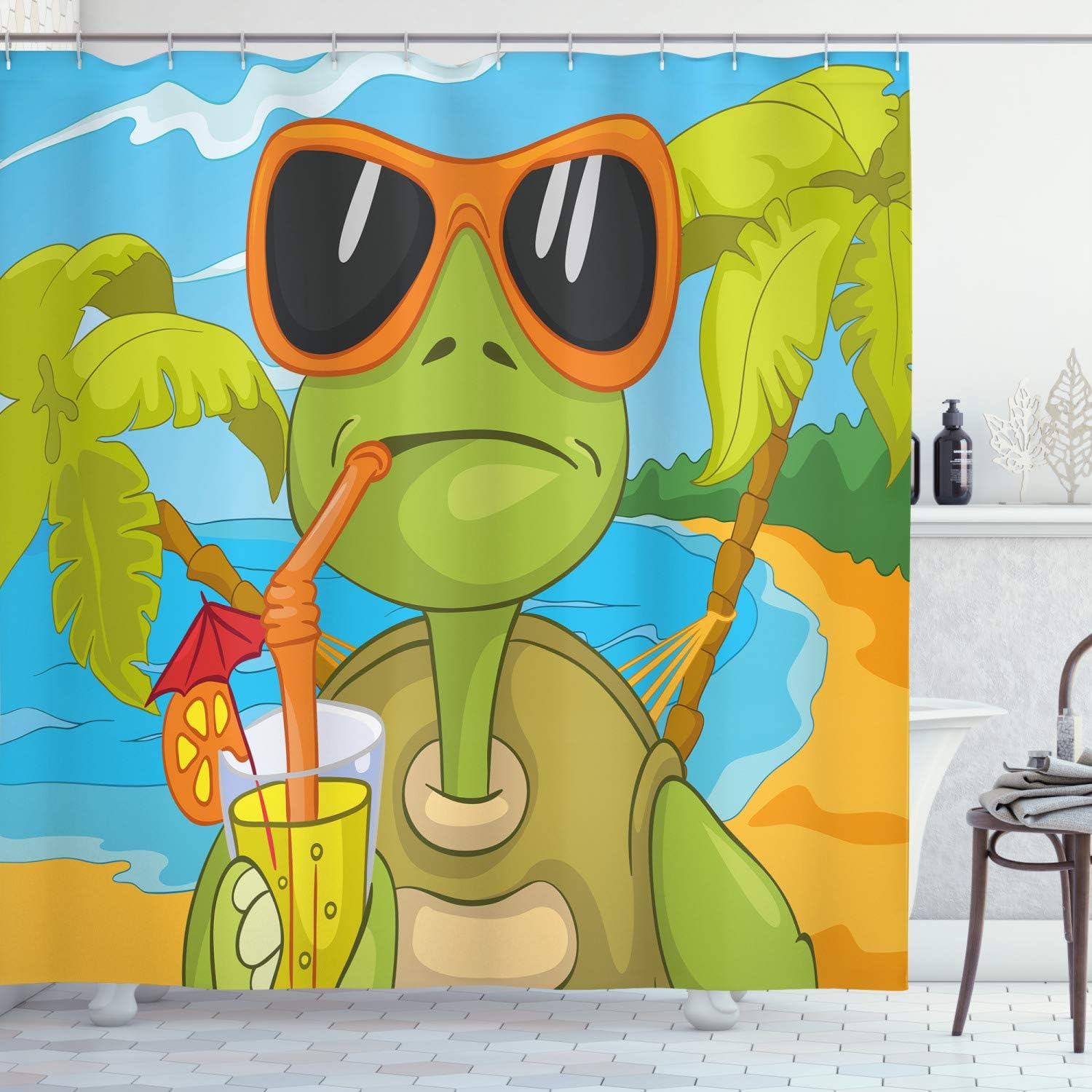 Ambesonne Turtle Shower Curtain, Cool Looking Sea Turtle Wears Sunglasses Drinking Cocktail on The Beach Cartoon Funny Illustration, Fabric Bathroom Decor Set with Hooks, 69" W x 70" L, Blue Orange