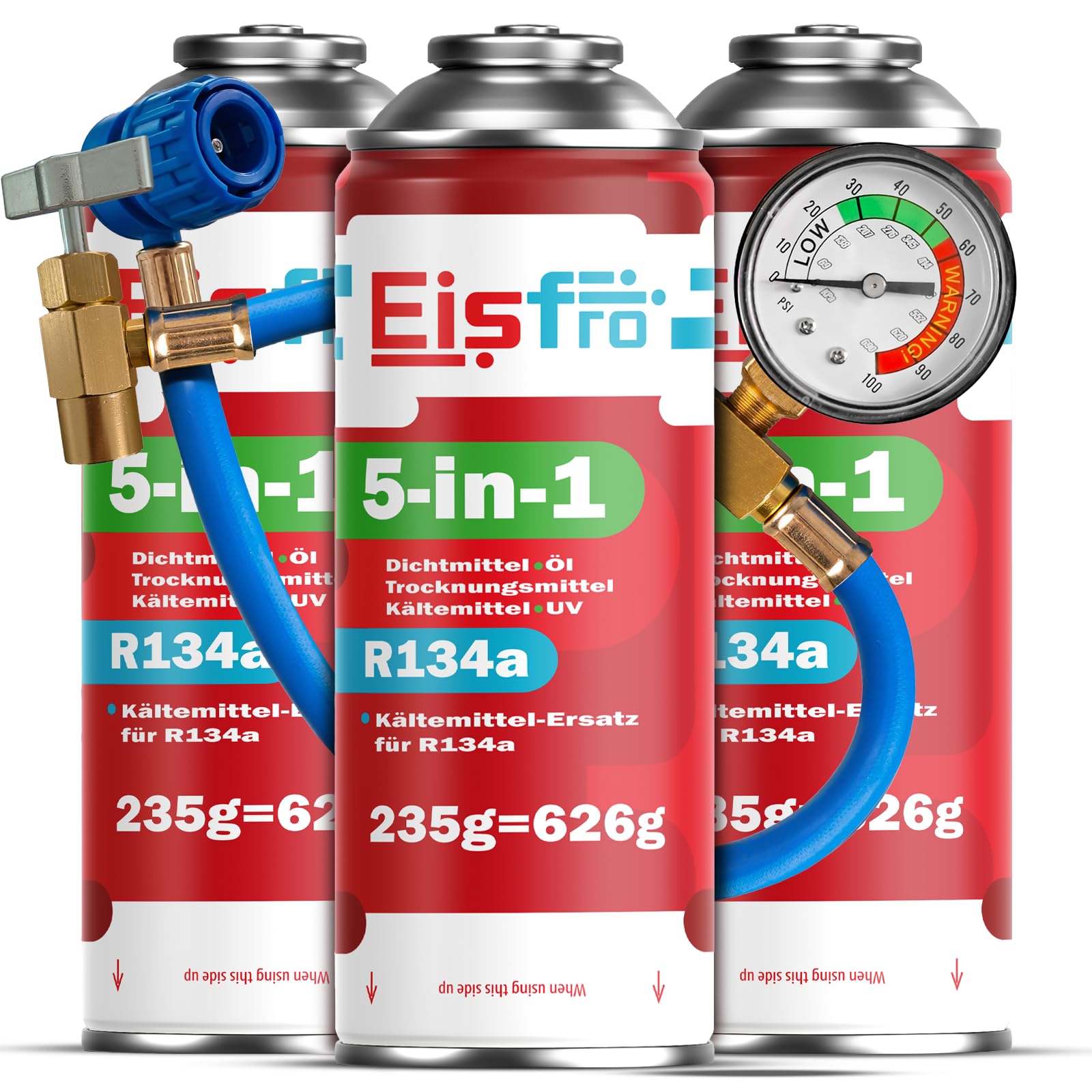 5in1 - Kältemittel R134a x 3 + Schlauch, 235g Jede Dose für Auto Klimaanlage mit Öl, Dichtungsmittel, UV-Farbstoff, Trocknungsmittel - Schützt den Kompressor