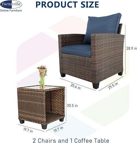 Miniatura 8 de Juego de 3 sillas de mimbre de ratán con mesa de centro, muebles de exterior, juegos de muebles de balcón (marrón Gary)
