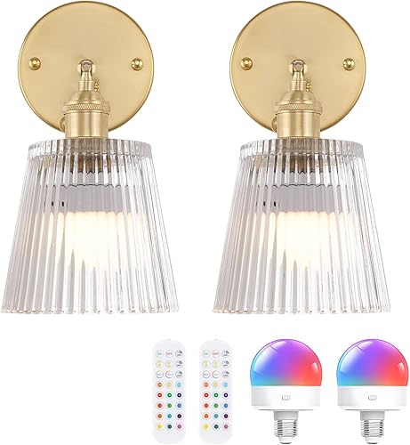 Miniatura 23 de Juego de 2 apliques de pared vintage con pantalla de vidrio a rayas ámbar, apliques de latón ajustables de 180 grados, con cable de iluminación,