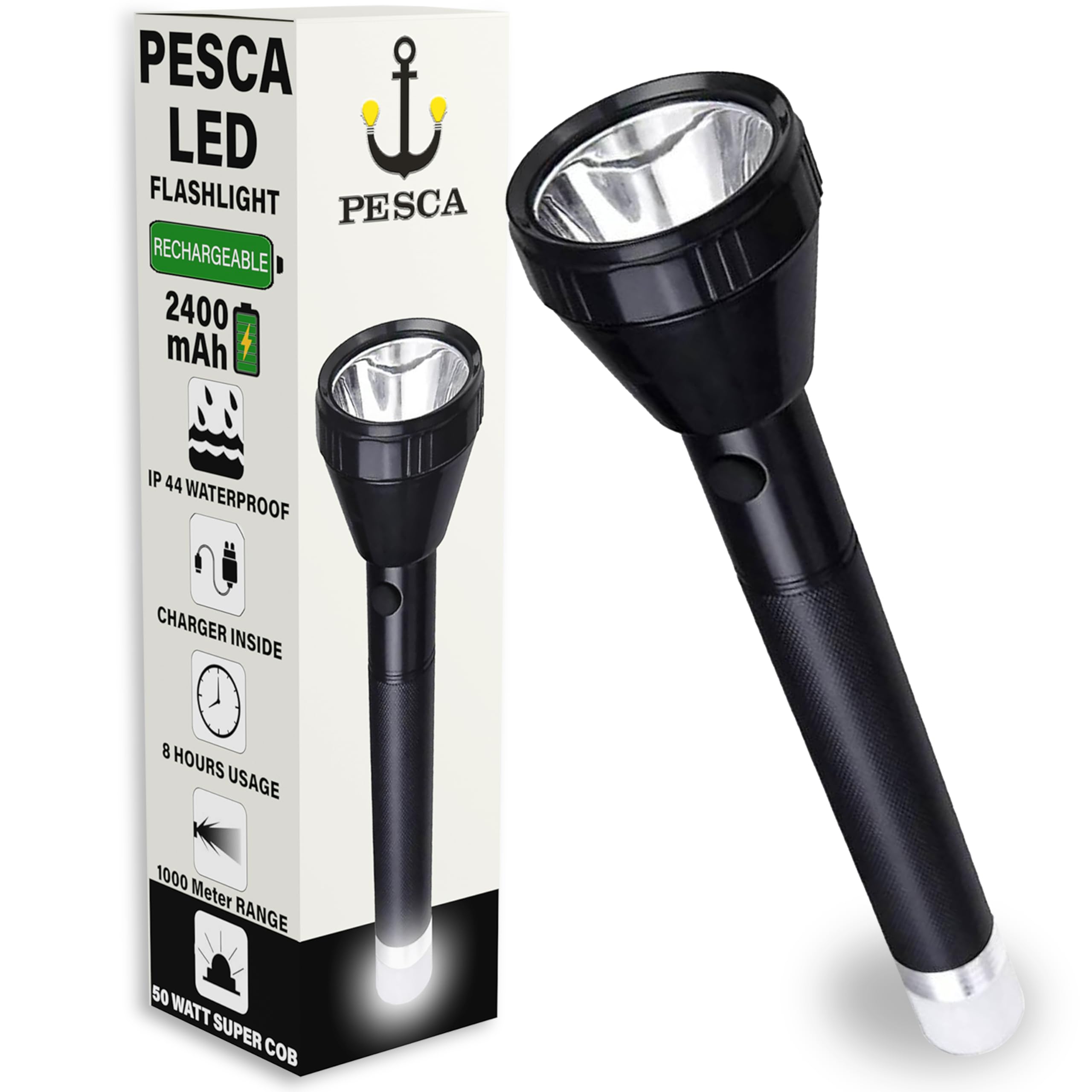 PESCA 50W Dual Mode Waterproof Rechargeable Long Range Torch with COB Backlight, 1 Km Range, Powerful LED Flashlight for Outdoor, Camping, and Emergency Use