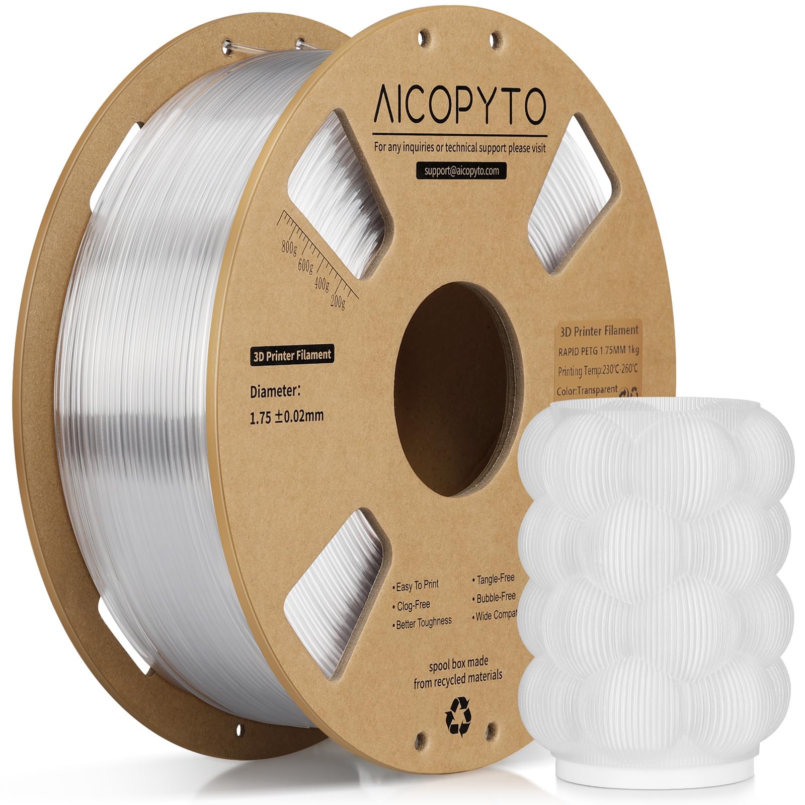Rapid PETG Filament 1KG Clear, High Speed 30-600mm/s 3D Printer Filament PETG 1.75mm Dimensional Accuracy +/- 0.02mm, 1kg Cardboard Spool(2.2lbs) Fits for Most FFF 3D Printers, Clear