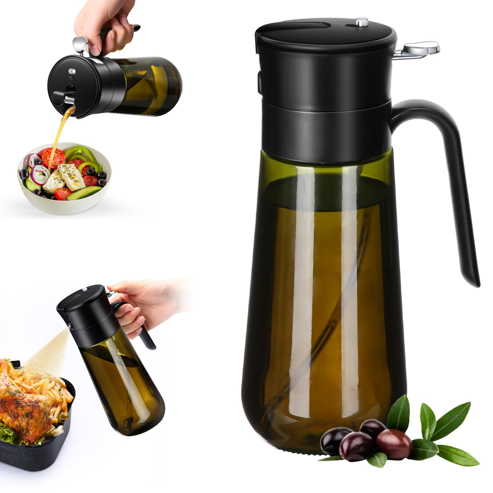 Oil Spray Bottle, 2-in-1 Oil Dispenser&Sprayer Light-blocking Glass Bottle[Fine Spray & Clog-Resistant Filter] Sprayer for Kitchen Cooking, Air Fryer, Olive Oil/Vinegar/Sauce 580ml