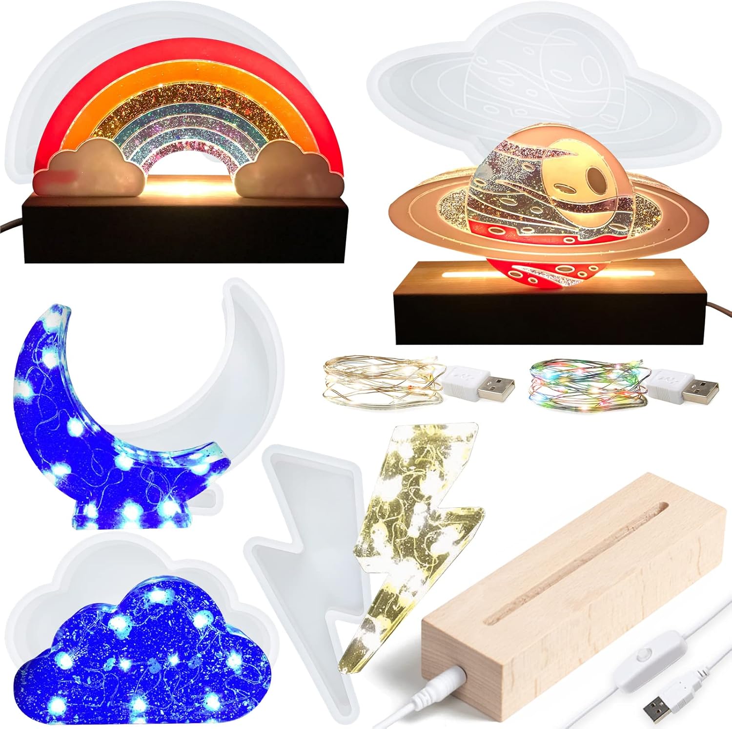Large Resin Lamp Casting Kits Pack of 8 Sign Silicone Molds 3-6inch, LED Lights and Wood Display Base