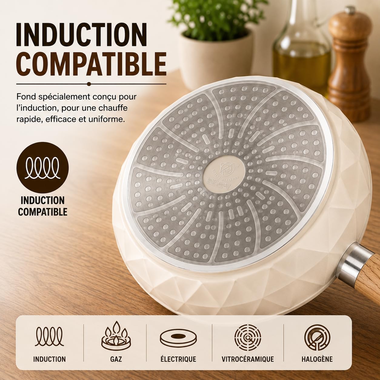 Royal Swiss® Batterie de Cuisine Induction 9 Pièces, Poignées Amovibles, Casseroles & Poêles Empilables, Revêtement Antiadhésif Sans PFAS, Couvercle Universel, Tous Feux, Beige