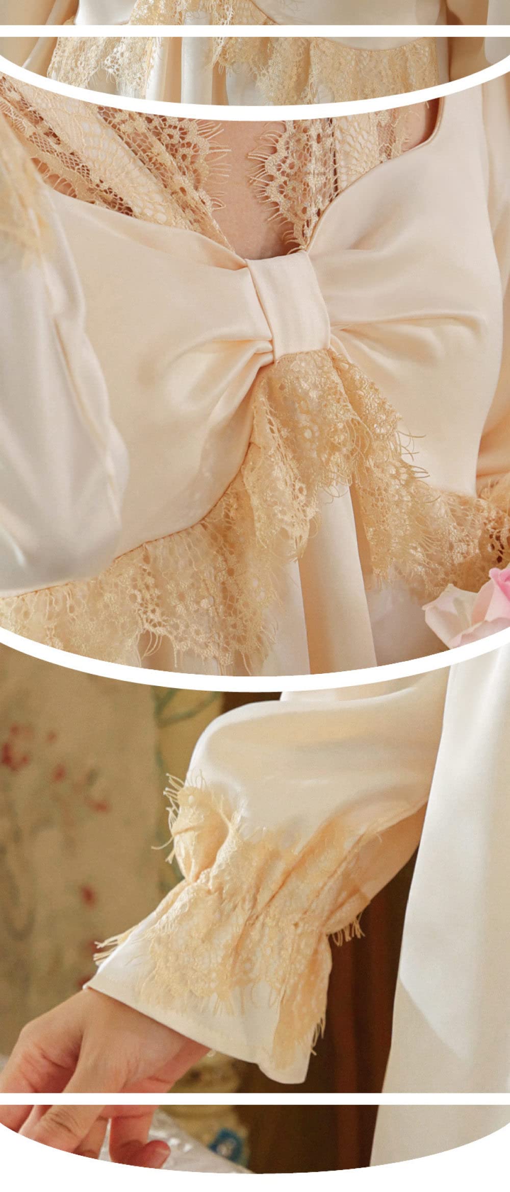 Nachtwäsche Damen,Damen-Nachthemden, Vintage-Beige, Satin, Eckiger Ausschnitt, Schleife, Spitze, Elegantes Schlafhemd, Weiches, Bequemes, Lange Ärmel, Nachthemd, Loungewear Für Damen, Mädchen, P