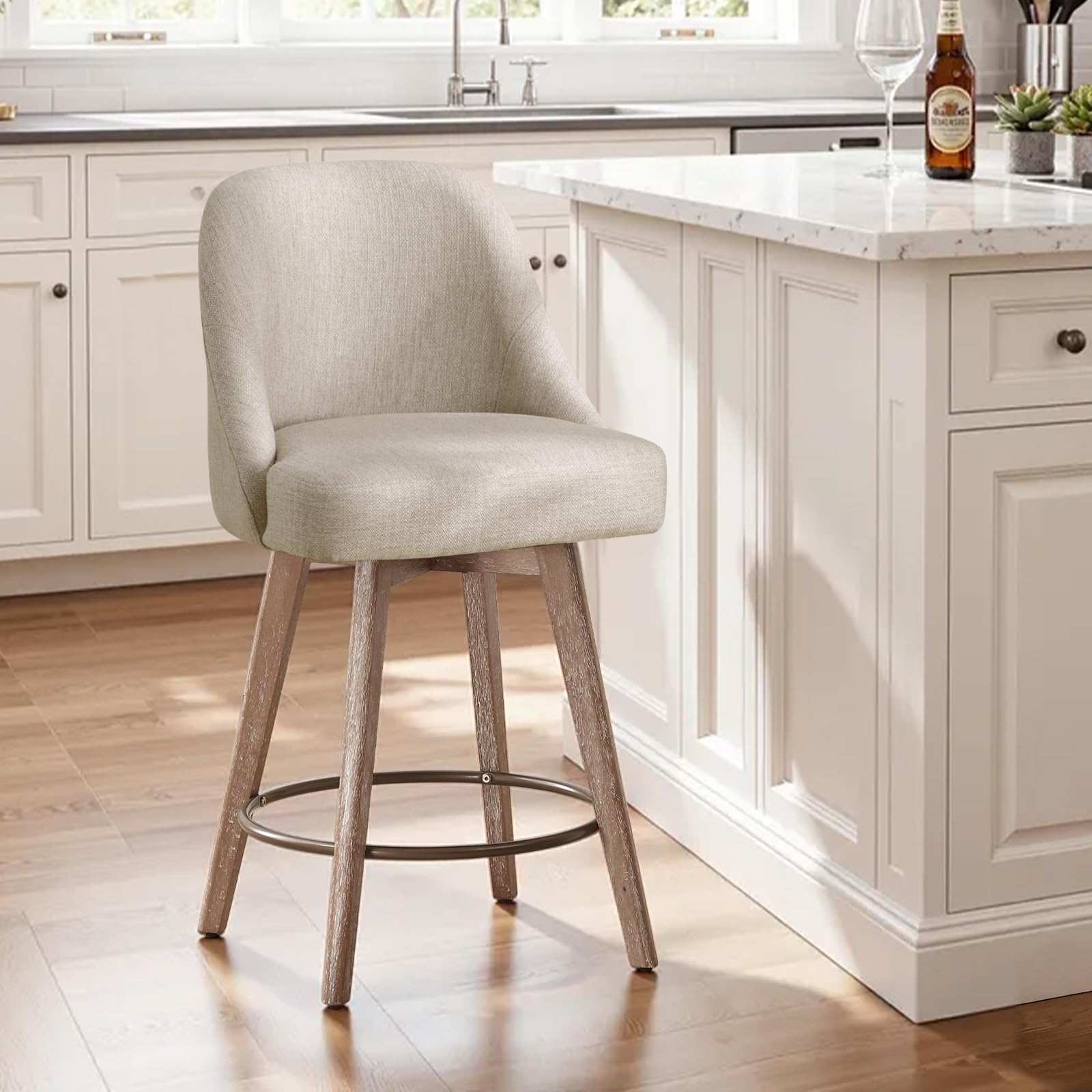 Bekrvio Taburete de bar giratorio 360°, 1 unidad, taburete de bar con respaldo de 65 cm de altura de asiento, taburete giratorio, sillas de cocina con patas de madera y reposapiés, cómoda silla de bar