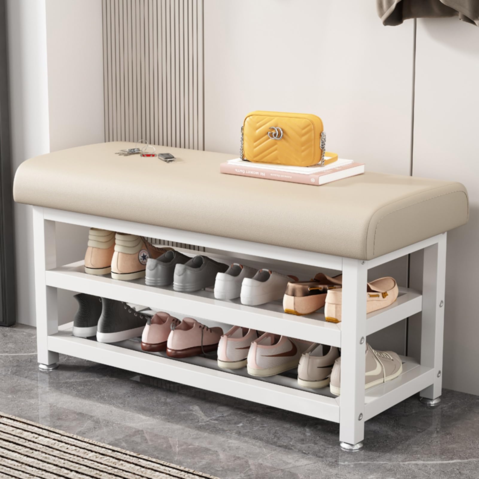 LWJSOCP Shoe Bench with Cushioned Seat 2 Tier Metal Shoe Rack for Entryway Hallway or Bedroom Off White 80cm/31.5in Stylish Storage Solution for Shoes