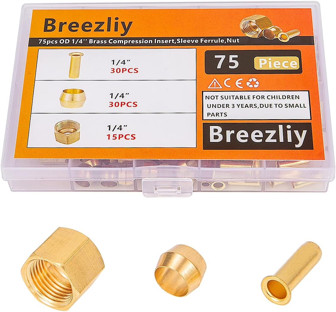 1/4 Inch OD Brass Compression Insert,Sleeve Ferrule,Nut 75PCS