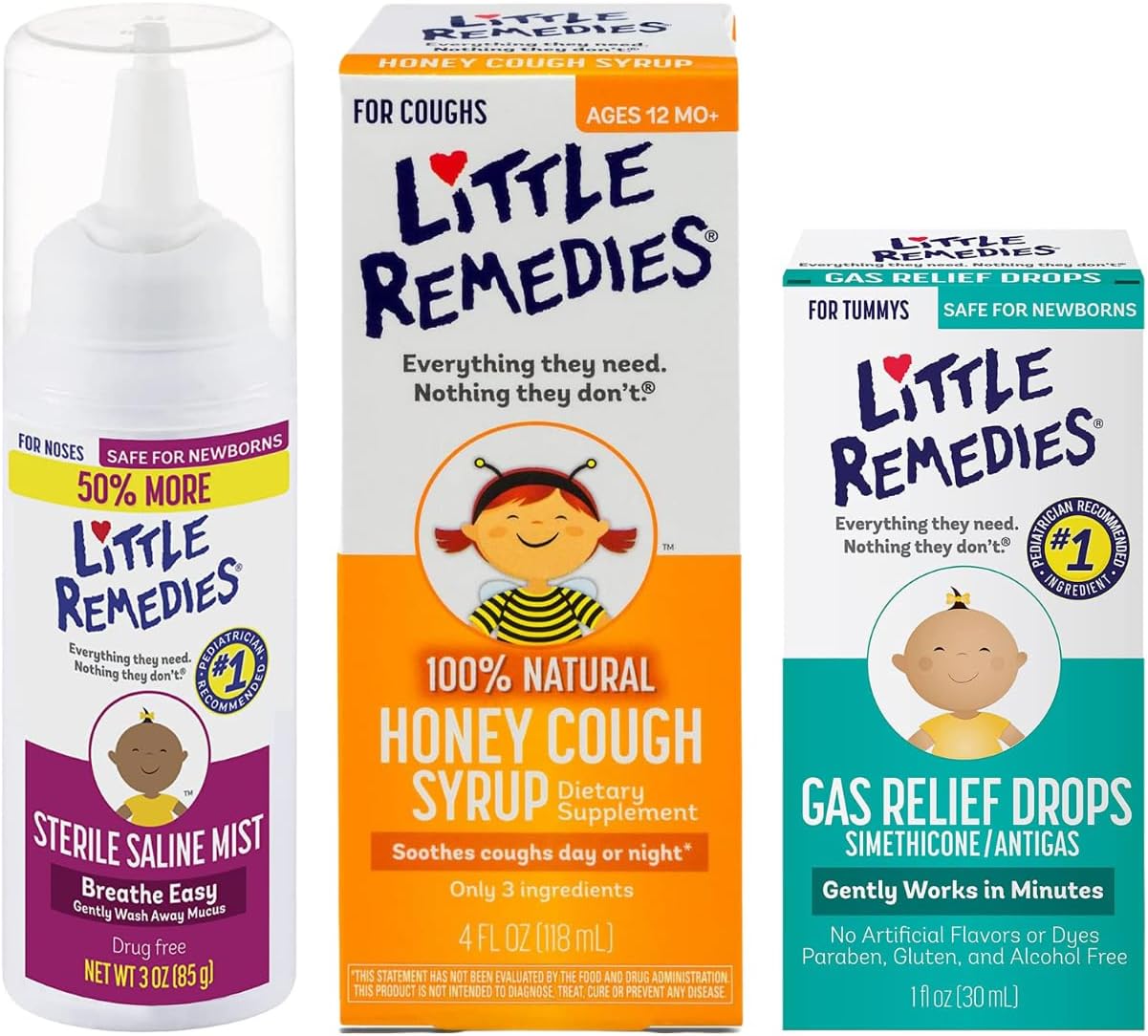 Little Remedies Honey Cough Syrup (4oz), Gas Relief Drops (1oz), & Sterile Saline Nasal Mist (3oz) (1Ea) Variety Pack