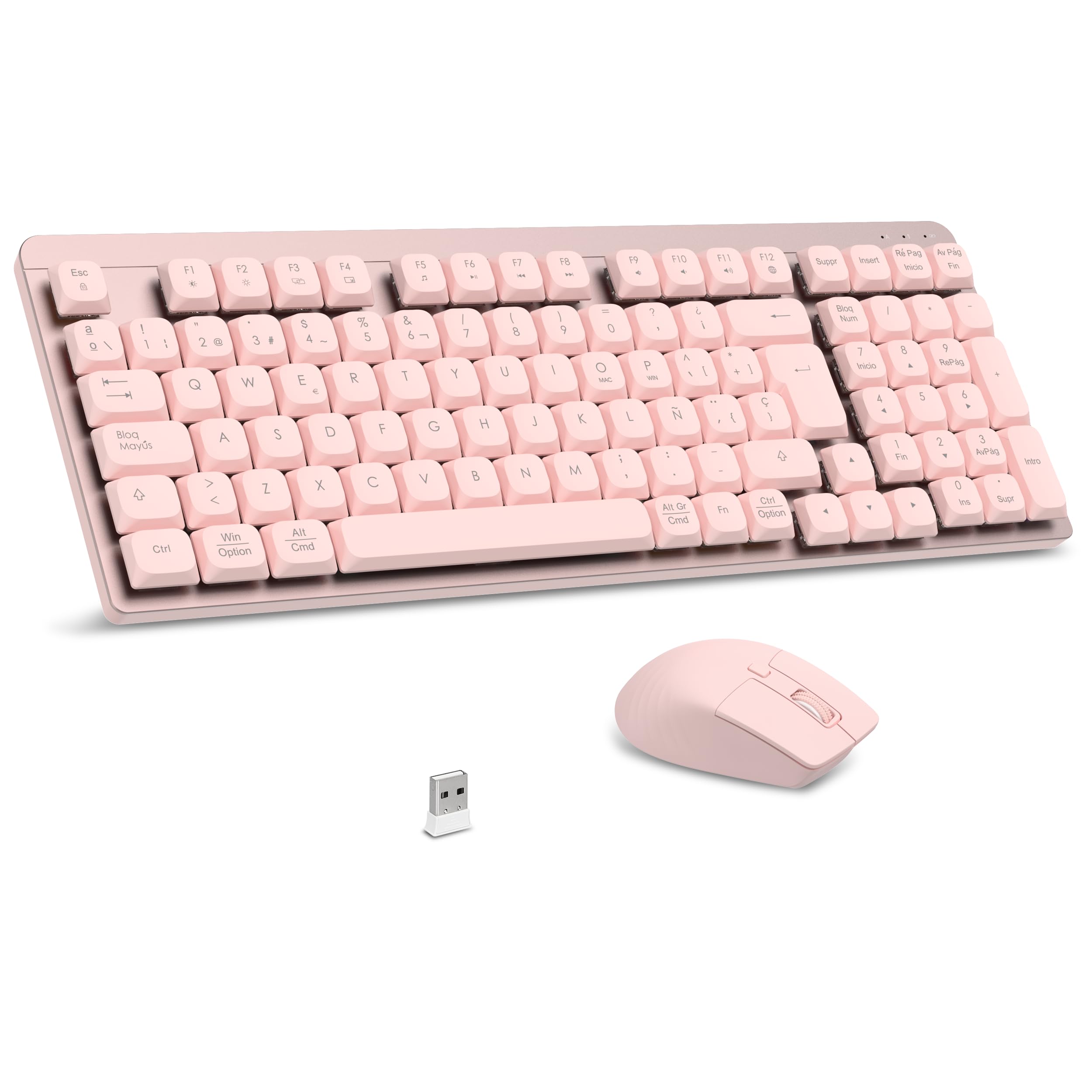 LeadsaiL Teclado Mecánico de Perfil Bajo, FA98 Pack Teclado y Ratón Inalámbrico con Switch Rojo, 2.4GHz Conexión, Linear Teclas QWERTY Español Keyboard con Teclado numérico para Windows, Mac-Rosa