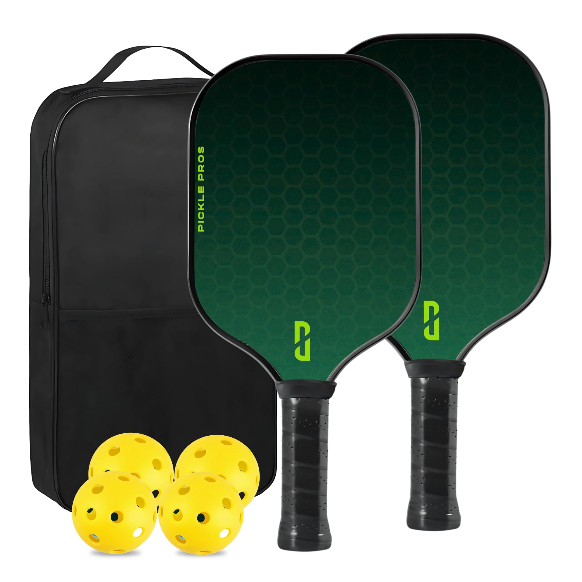 Pickle Pros Set of 2 Fiberglass Pickleball Paddle Rackets with 4 Balls and Bag, Honeycomb Core Pickle Ball Racket with Breathable Non Slip Grip, Pickleball Racket Bat with Edge Protection (Green, 2)-image-31