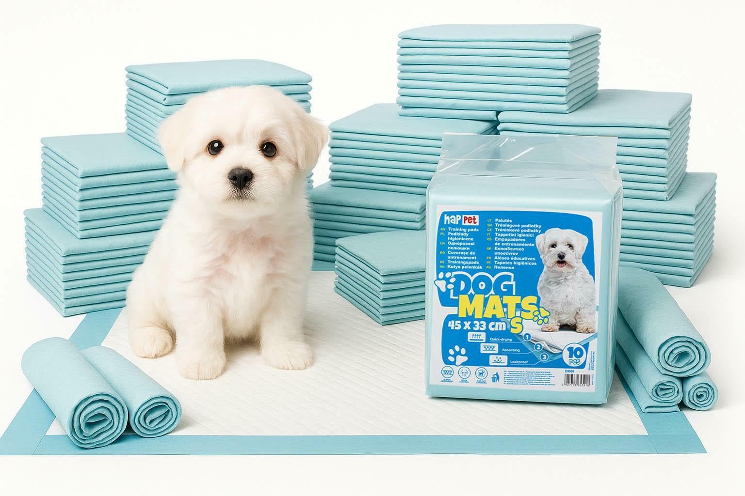 Happet Maty Higieniczne dla Psów 60 × 45 cm | 30 szt. | Superchłonne Podkłady Treningowe dla Szczeniąt, Psów Starszych i Chorych | Szybkoschnące, Wodoodporne | Nauka Czystości i Ochrona Podłóg