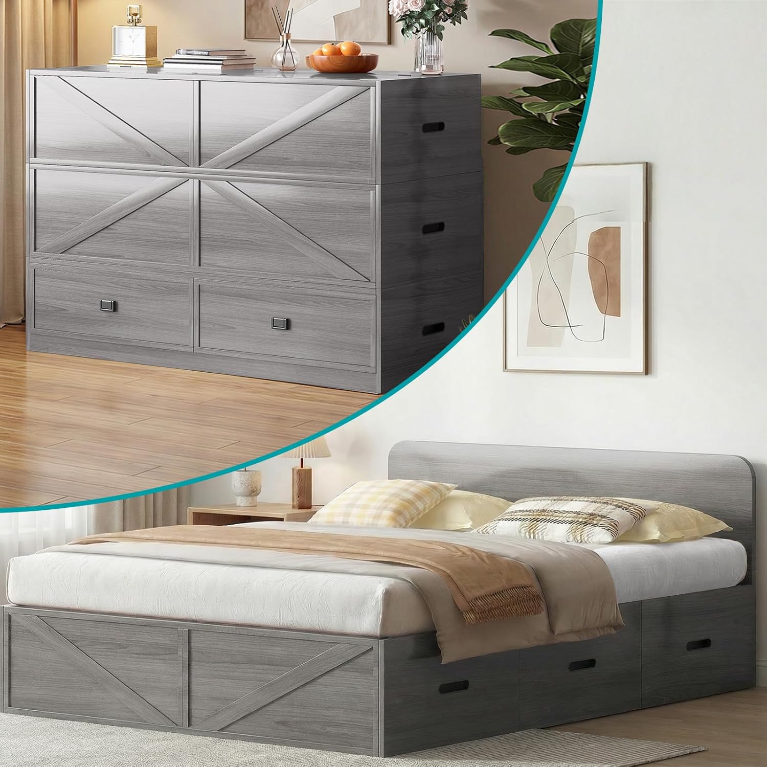 BALUS Murphy Bed, 3-in-1 Convertible Cube Cabinet Bed with Upholstered Sofa, Queen Wall Cabinet Beds with Memory Foam Mattress Includes & 2 Storage Drawers for Guest Room Apartment, Gray