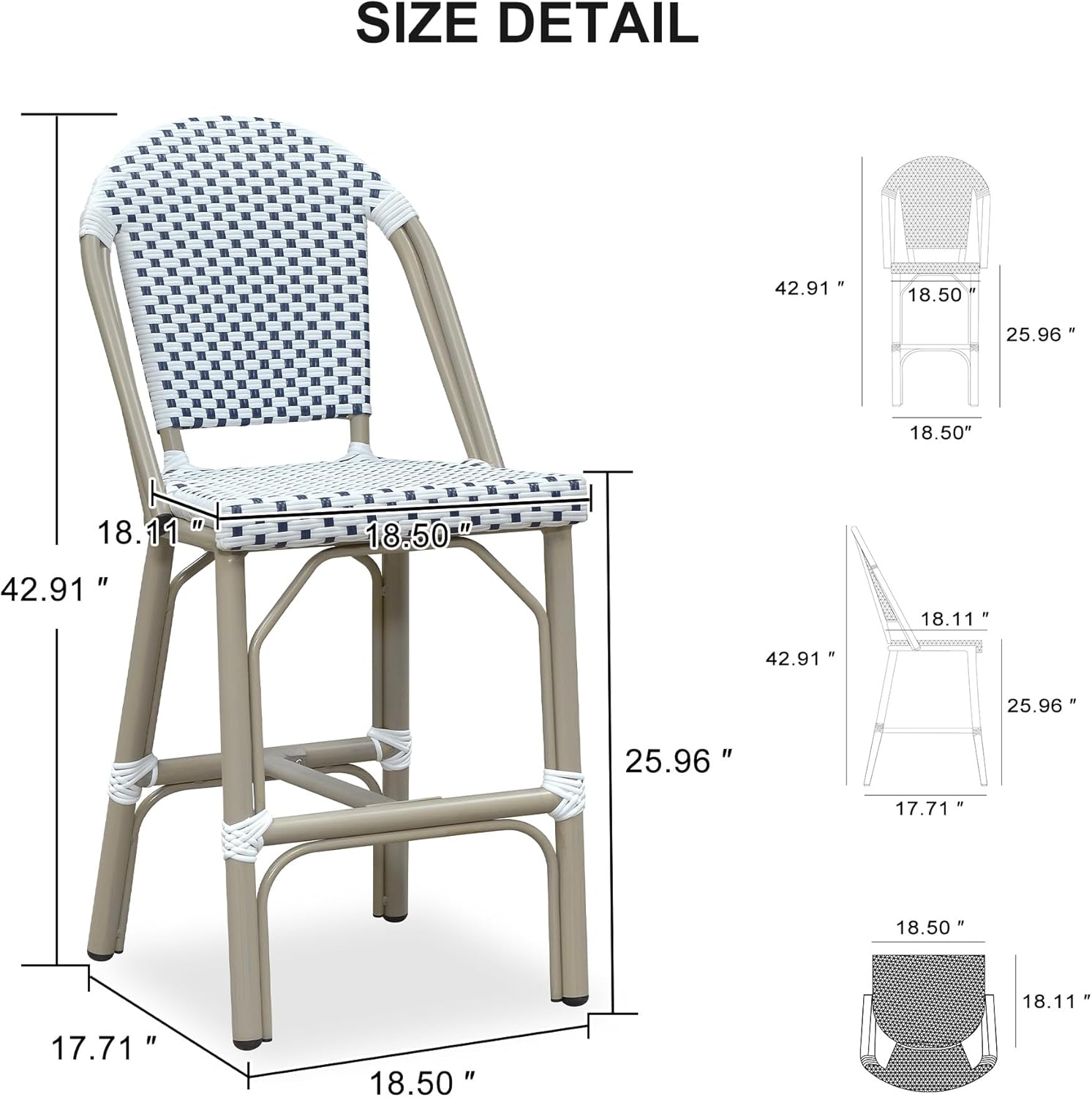 PURPLE LEAF Extra Large French Counter Height Bar Stools Set of 2 Champagne Print Finish Outdoor Bar Stools with Back Rattan 26'' Patio Bar Height Stool for Garden Kitchen, White&Blue