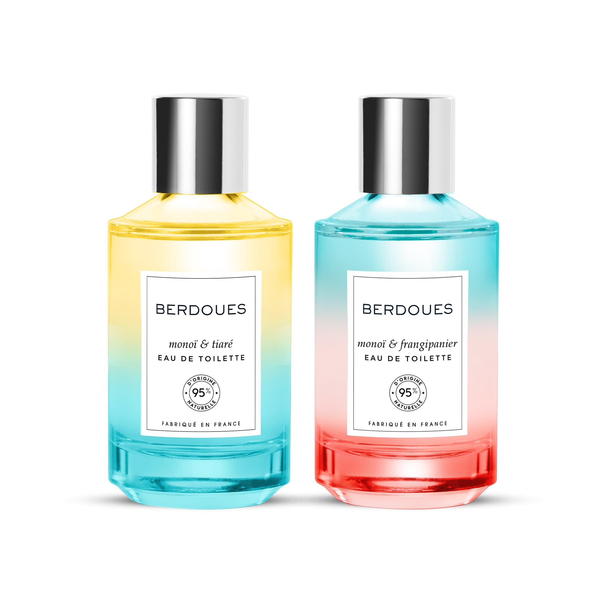 BERDOUES - Eau de Toilette Monoï & Frangipanier + Eau de toilette Monoï & Tiaré, Lot Solaire et Florale, Parfum femme, Vegan, Made in France, flacon 2x100ml