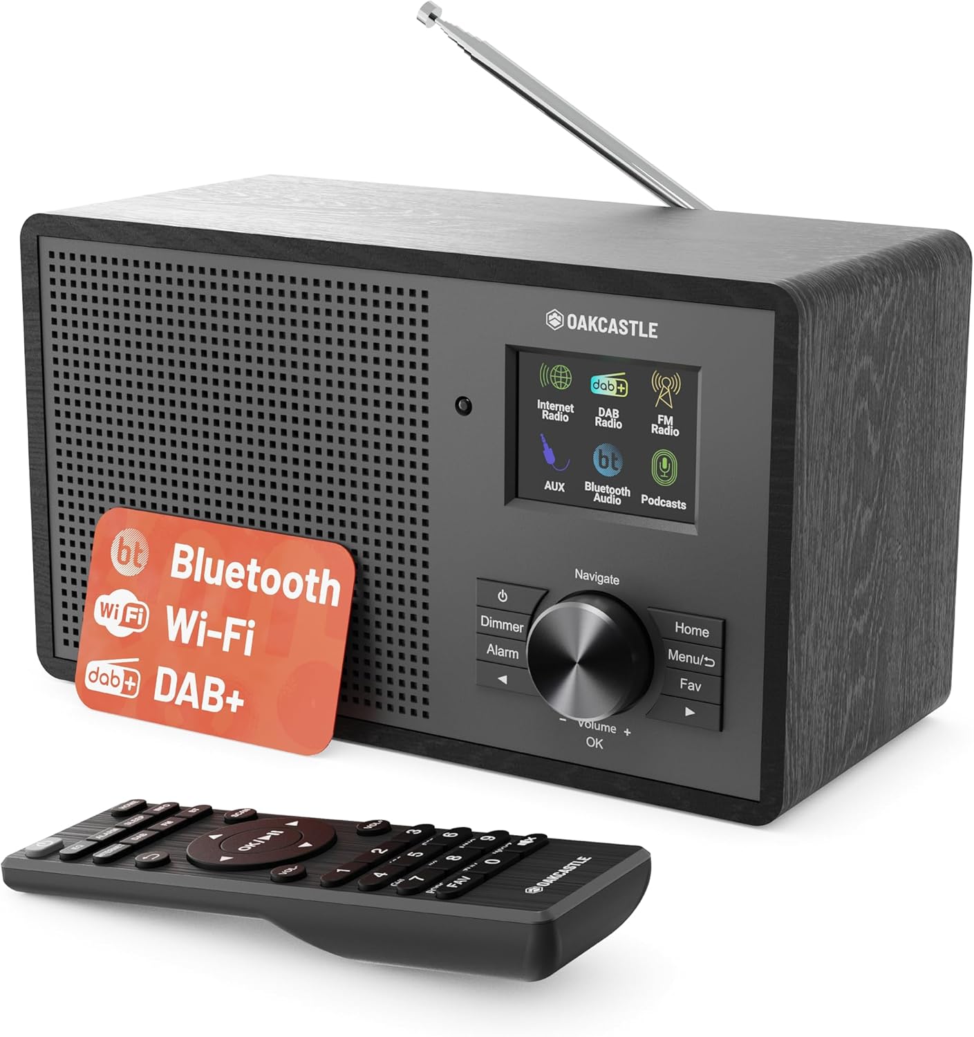 Front view of the Oakcastle IR200 Internet Radio with its remote control
