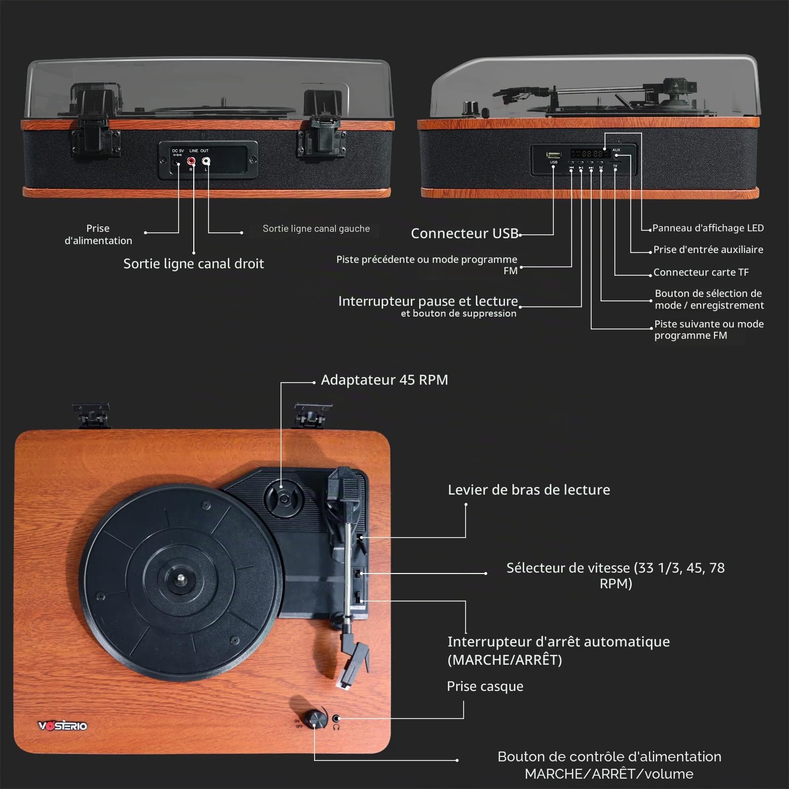 VOSTERIO Platine Vinyle Tourne Disque Bluetooth avec Haut-parleurs Stéréo, Rétro Lecteur Vinyles à 3 Vitesses, avec Encodage sur USB et SD, Radio FM, Entrée AUX, RCA, Affichage LED