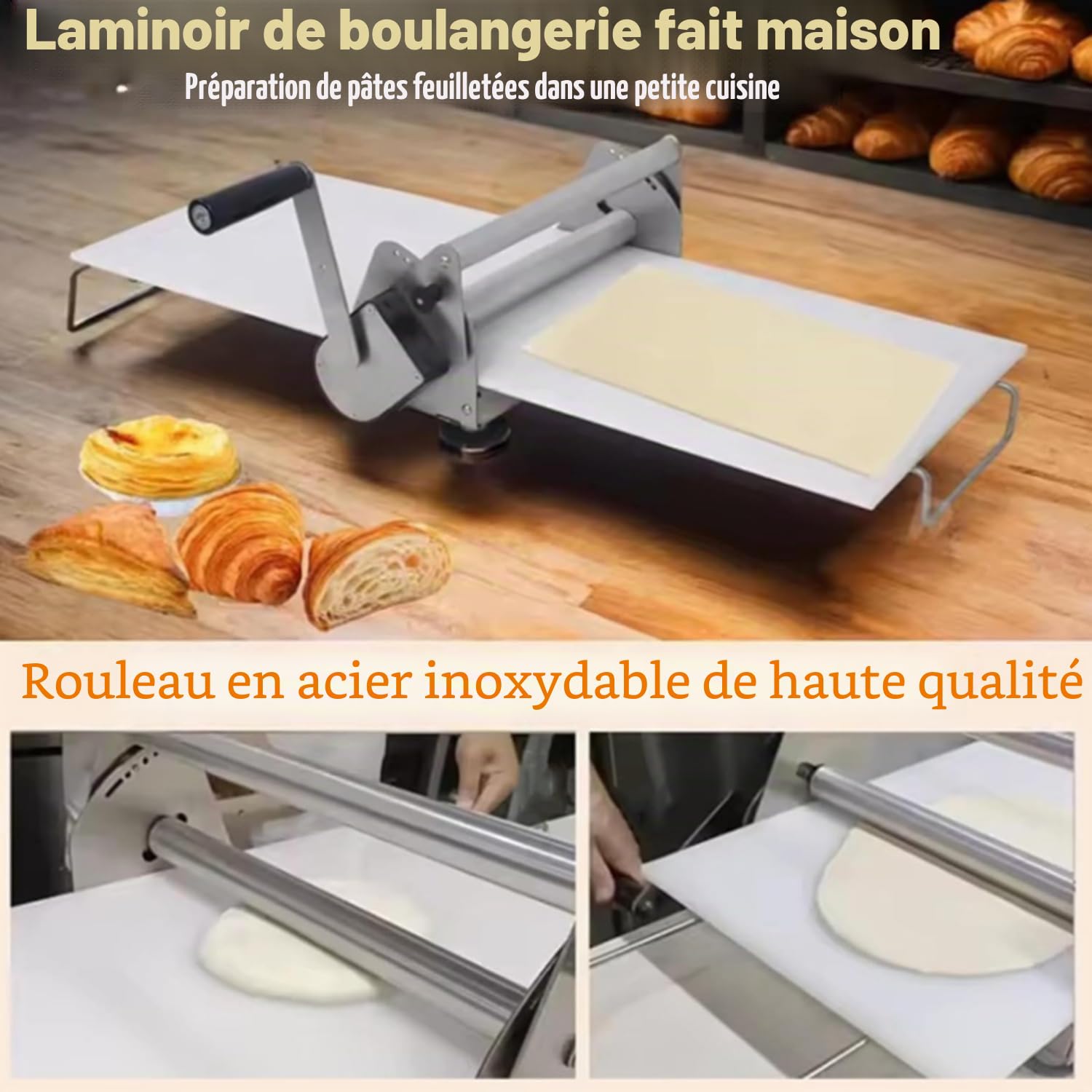 Laminoir à Pâte Feuilletée︱Laminoir à Pâte Pliable︱Laminoir Manuel En Acier Inoxydable︱Laminoir patisserie︱Épaisseur Réglable 0-27mm︱Pour Boulangerie︱Pizza︱Croissants