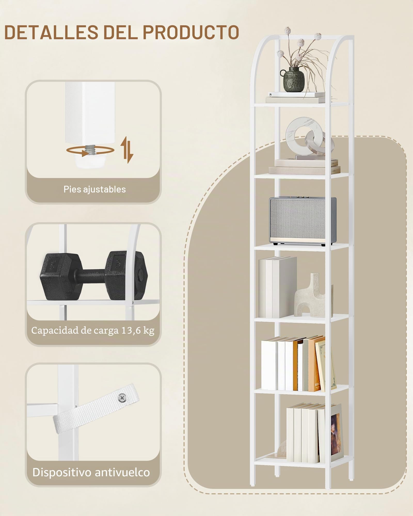 Hzuaneri Librería, Librería Vertical, Estantes Estrechos De 6 Niveles, Estantería Abierta, Estructura Metálica, Adecuada para Estudio, Salón, Dormitorio, Cocina, Blanco BC56013W | Estantería de pie para estudio, sala de estar, oficina en casa, estilo indu