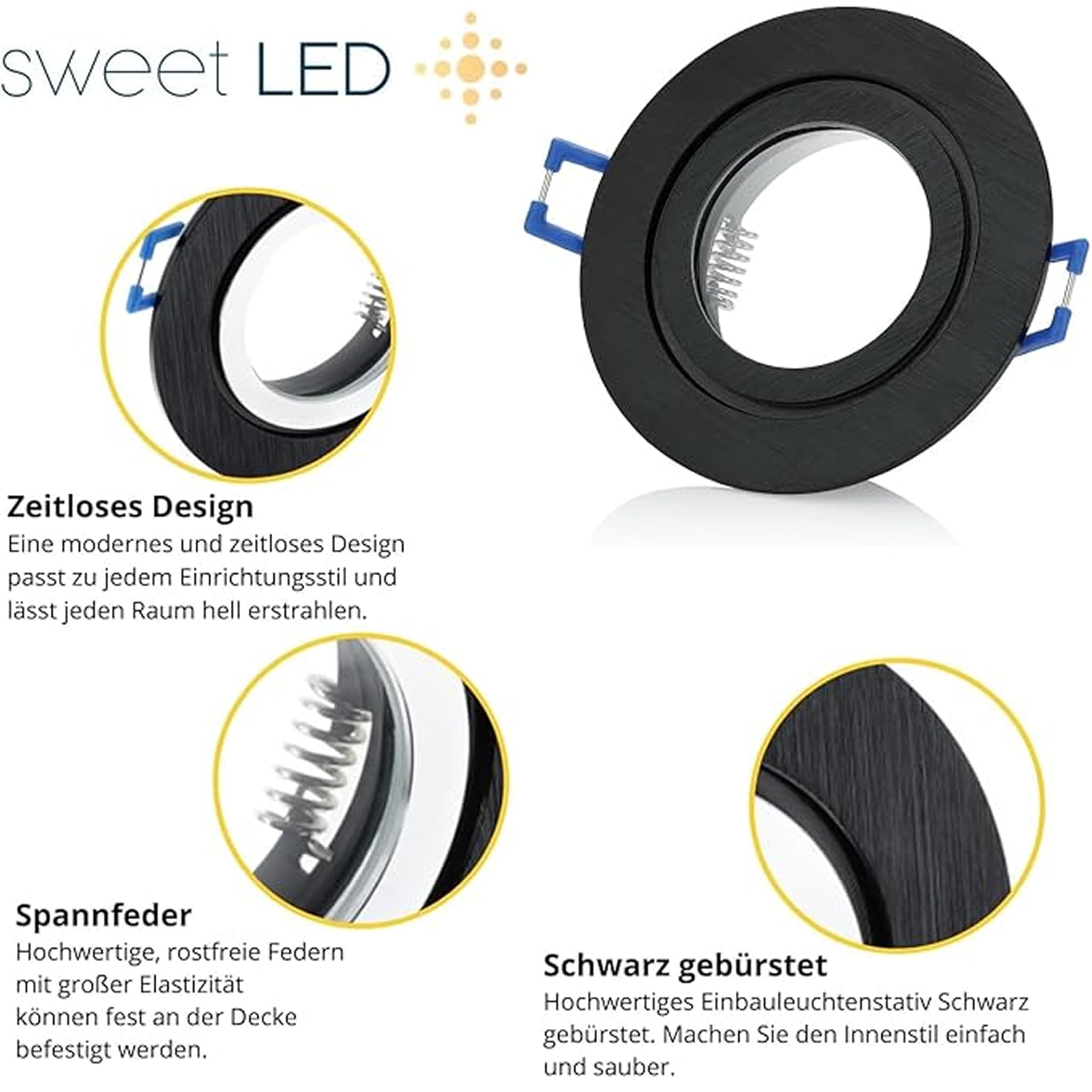 Sweet Led Foco empotrable para baño IP44, 6 unidades, color negro, GU10, 230 V, incluye 7 W, 3000 K, luz blanca cálida, aluminio de 68 mm, para baño y cocina
