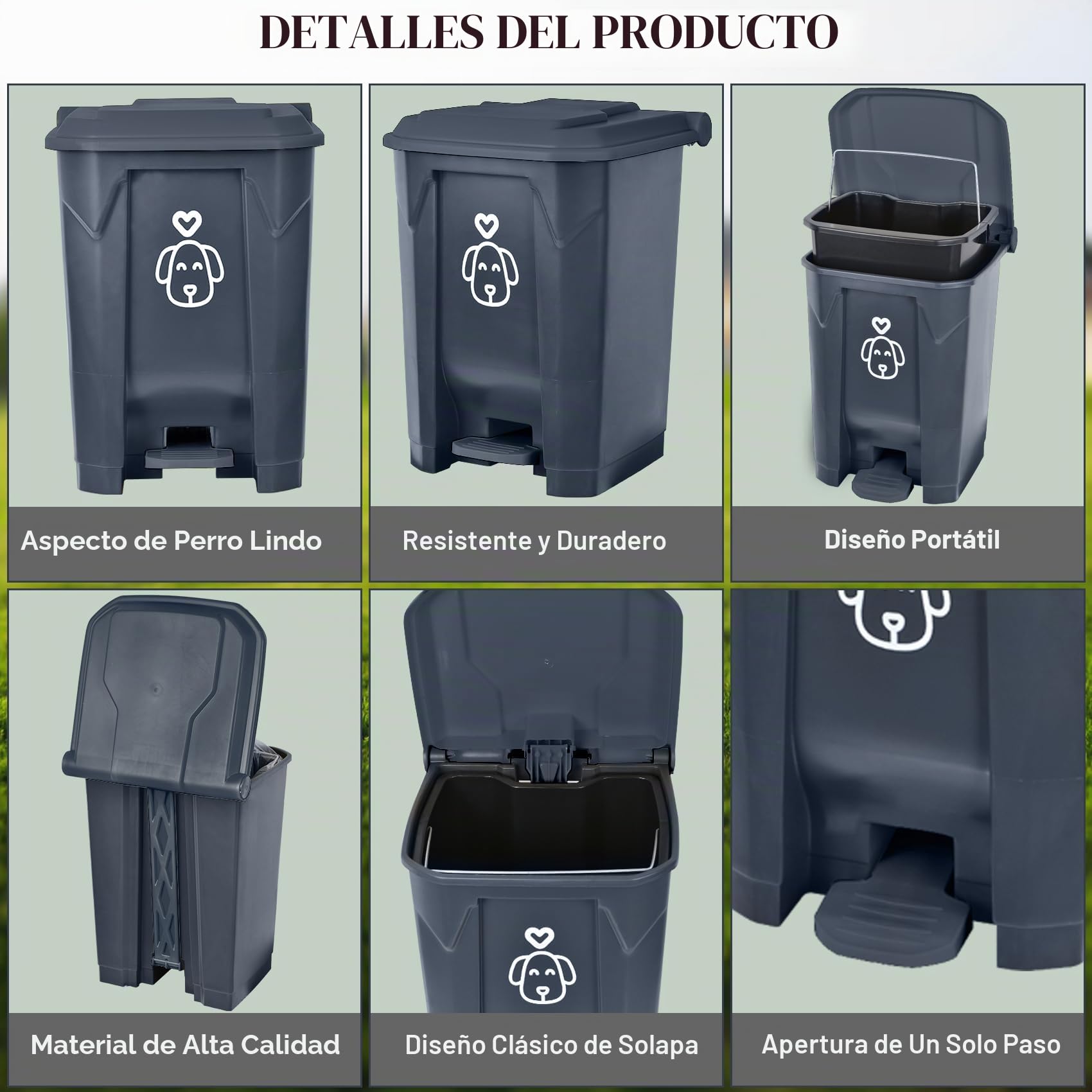 Cubo de basura para excrementos de perro con tapa y 290 bolsas de basura, bonito cubo de basura para perros para caca de perro, patio, hogar, jardín, cocina, escalón gris de 15 litros con cubo