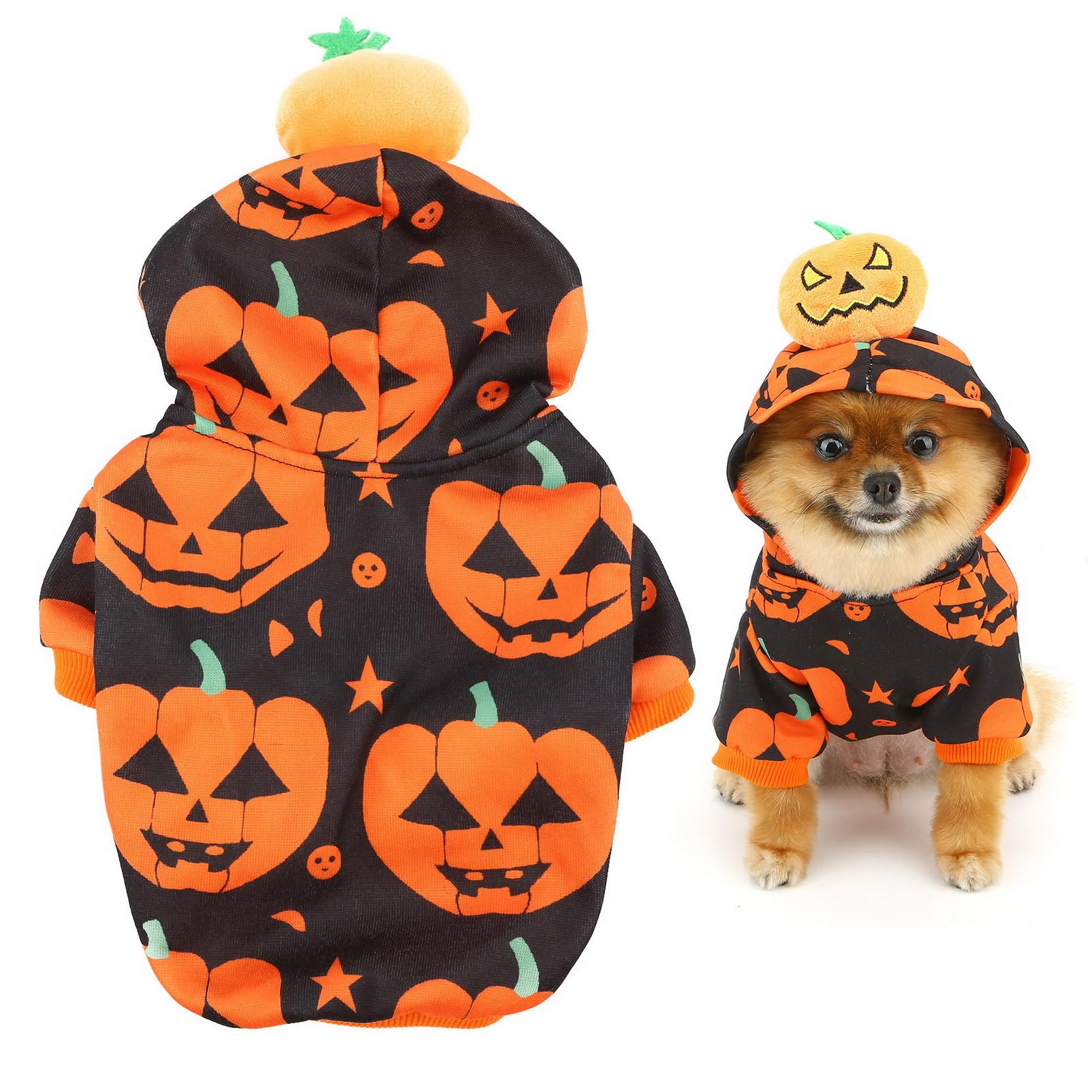 SMALLLEE_LUCKY_STORE Fleece Lined Dog Halloween Costumes Puppy Hoodies Pumpkin Pet Sweater for Small Dog with Pumpkin Decoration Warm Fall Winter Holidays Cosplay Party Cat Pullover