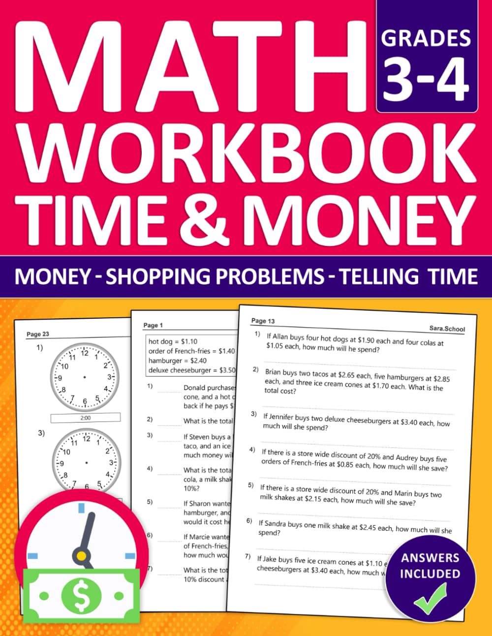 Counting Money and Time Workbook For Grades 3-4 With Answers: Math Workbook For Kids Ages 8 To 10 With Money and Time Exercises | Worksheets on Time ... Ages 8-10 To learn and practice Math Skills