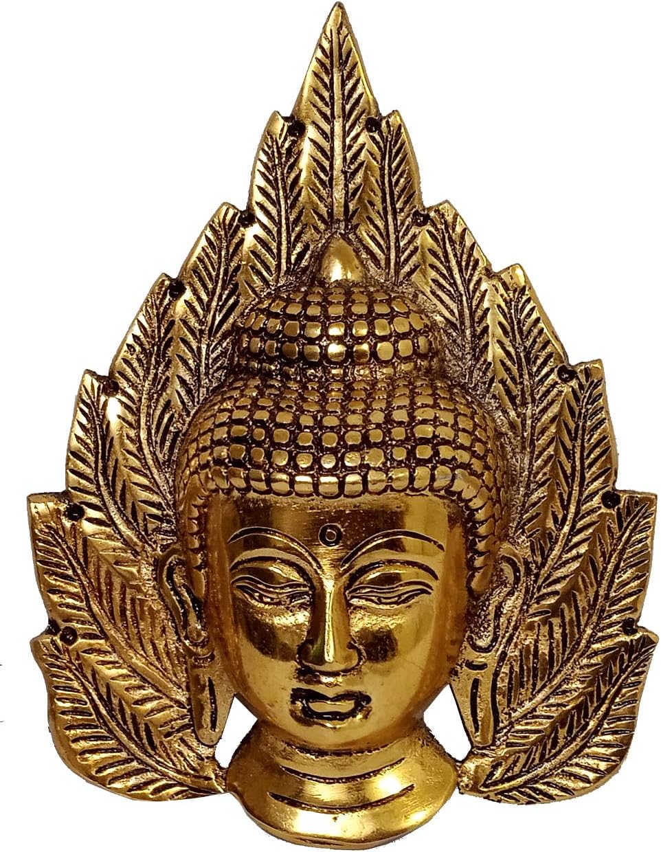 Purpledip Metal Wall Hanging Plaque Gautam Buddha: Leaf Design Idol, Gold (12516)