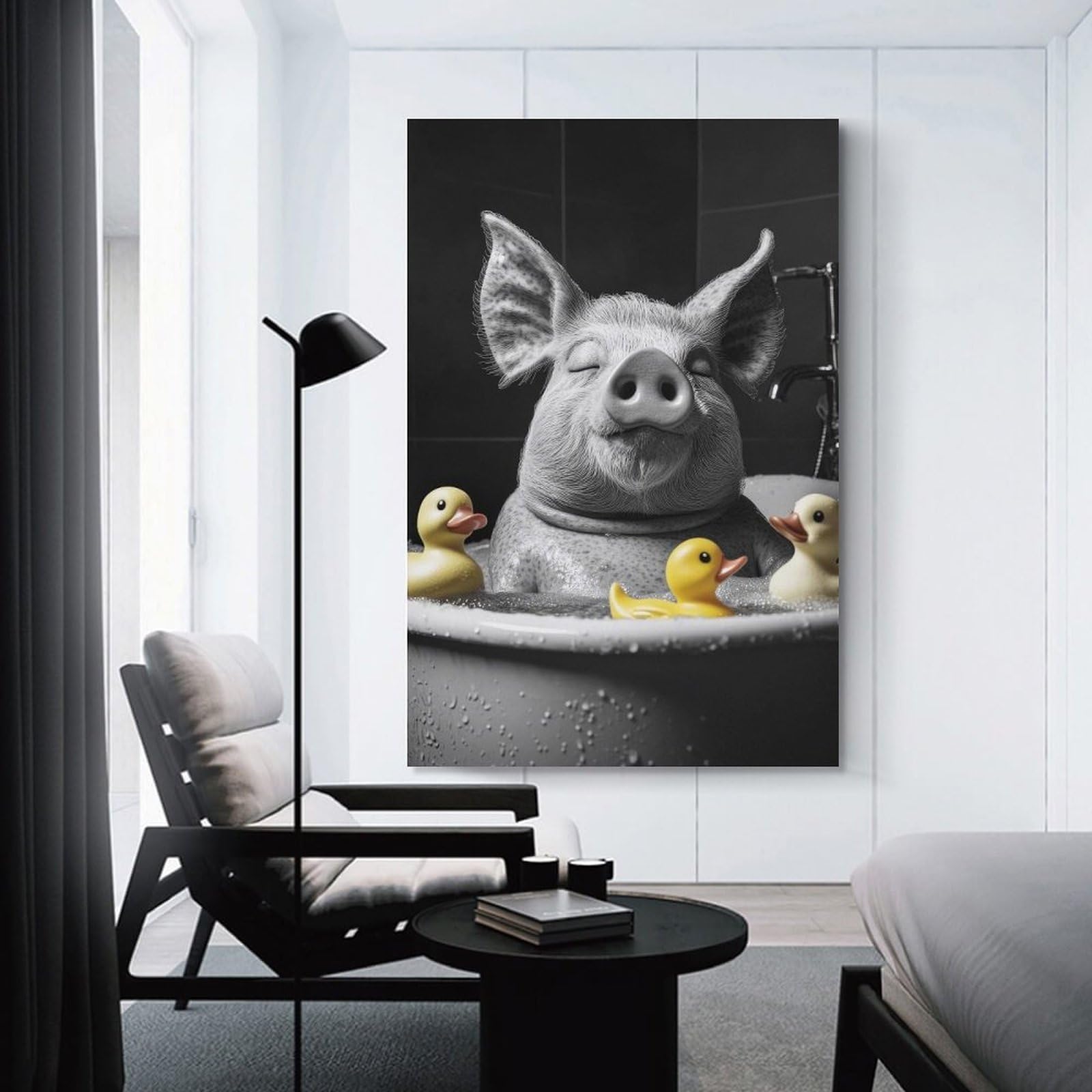 Junmoney Canvas Wall Decor Pig in Bathtub with Rubber Ducks, 20x30inch(50x75cm), for Bedroom Decor, Cosy Corners Or Studios, Decorative Wall Art for Cosy Rooms