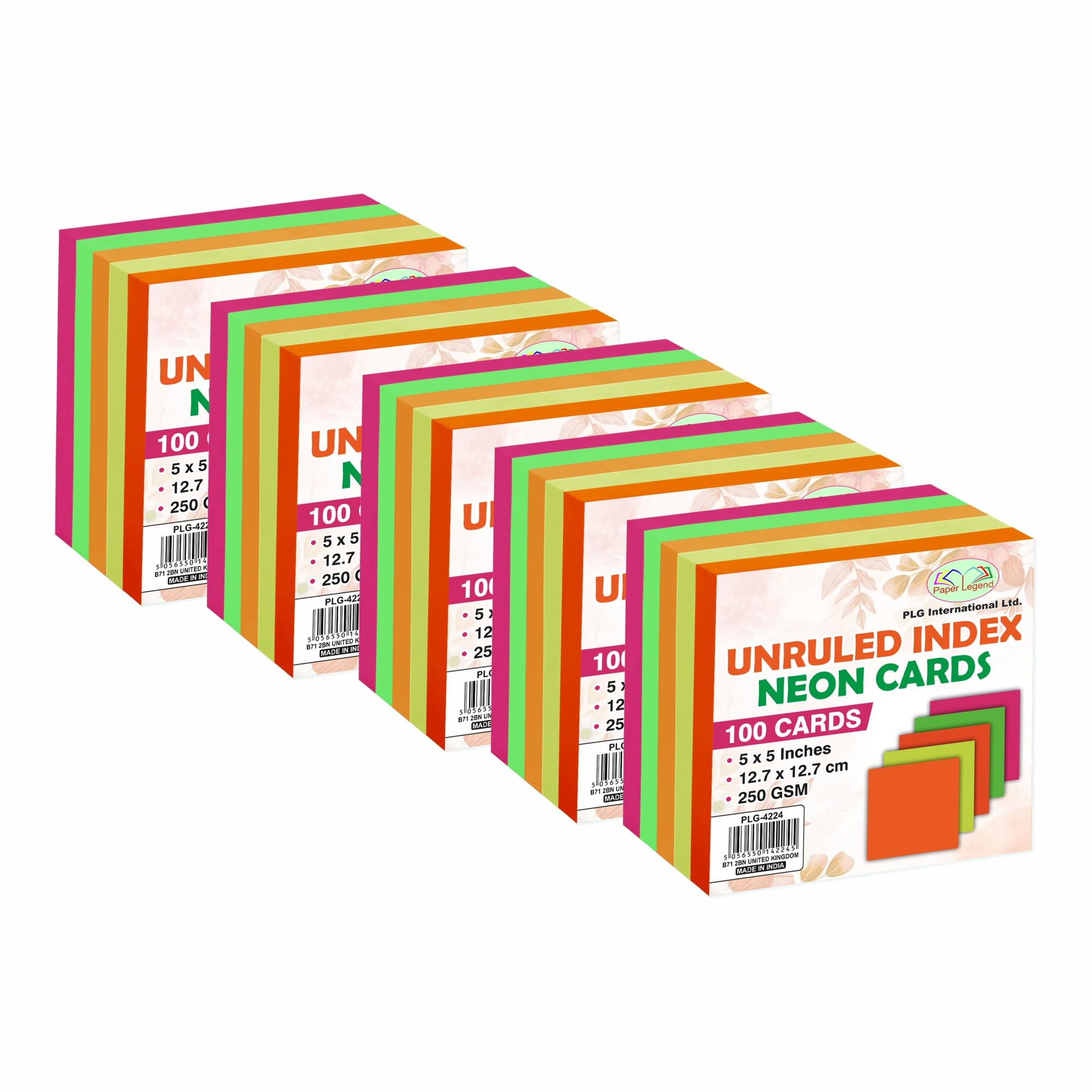 (Pack of 500) Neon Unruled Index Cards 5"x5" Blank Record Revision Note Cue Cards 250 GSM Flashcards Stationery Supplies for Presentation Office Learning