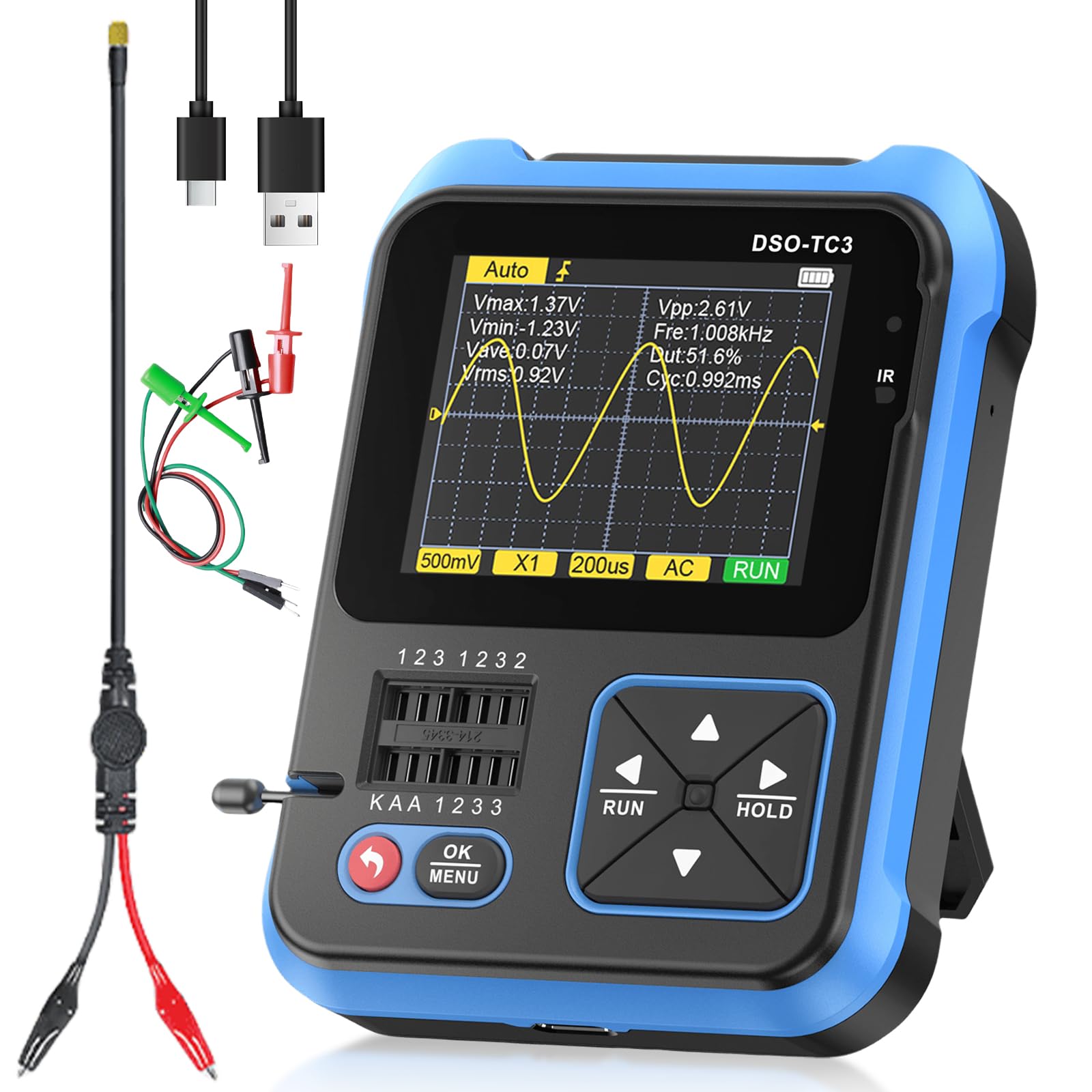 DSO-TC3 Oszilloskop, 3 in 1 Digitales Handoszilloskop Multimeter Tragbares Transistortester Oszilloskope Signalgenerator 500kHz Bandbreite, ESR-Tester LCR-Widerstands-Zähler mit 2.4'' Tft Display